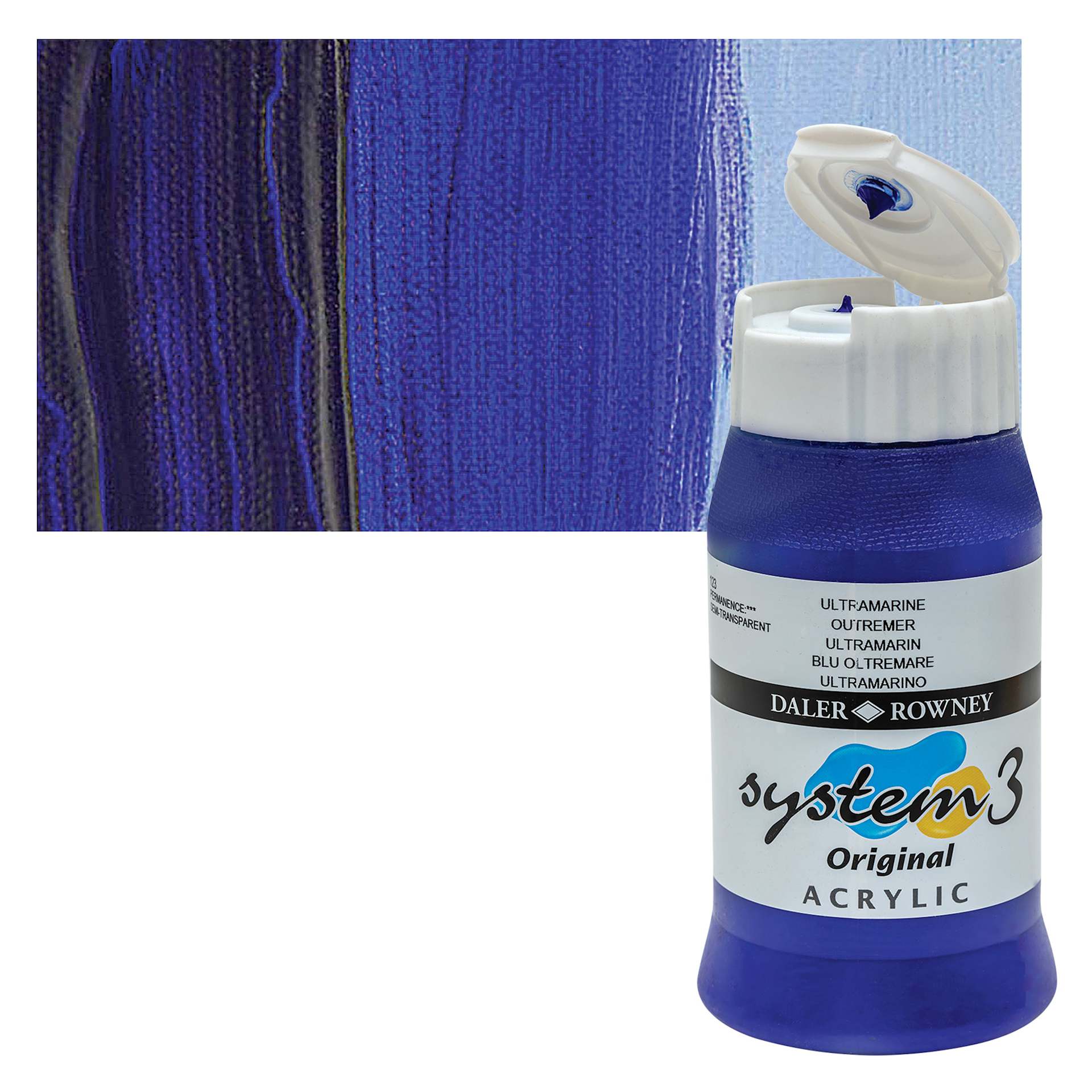 Daler-Rowney System3 Acrylic - Ultramarine, 500 ml bottle and swatch