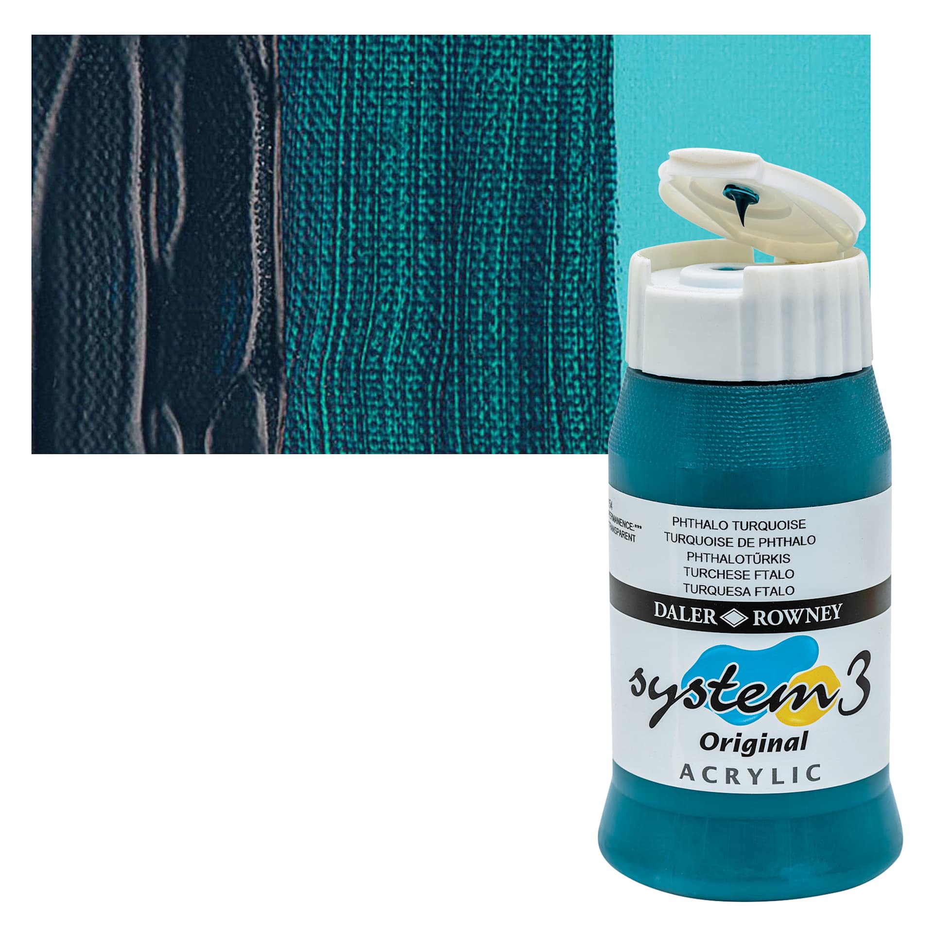Daler-Rowney System3 Acrylic - Phthalo Turquoise, 500 ml bottle and swatch Daler-Rowney System3 Acrylic - Phthalo Turquoise, 500 ml bottle and swatch