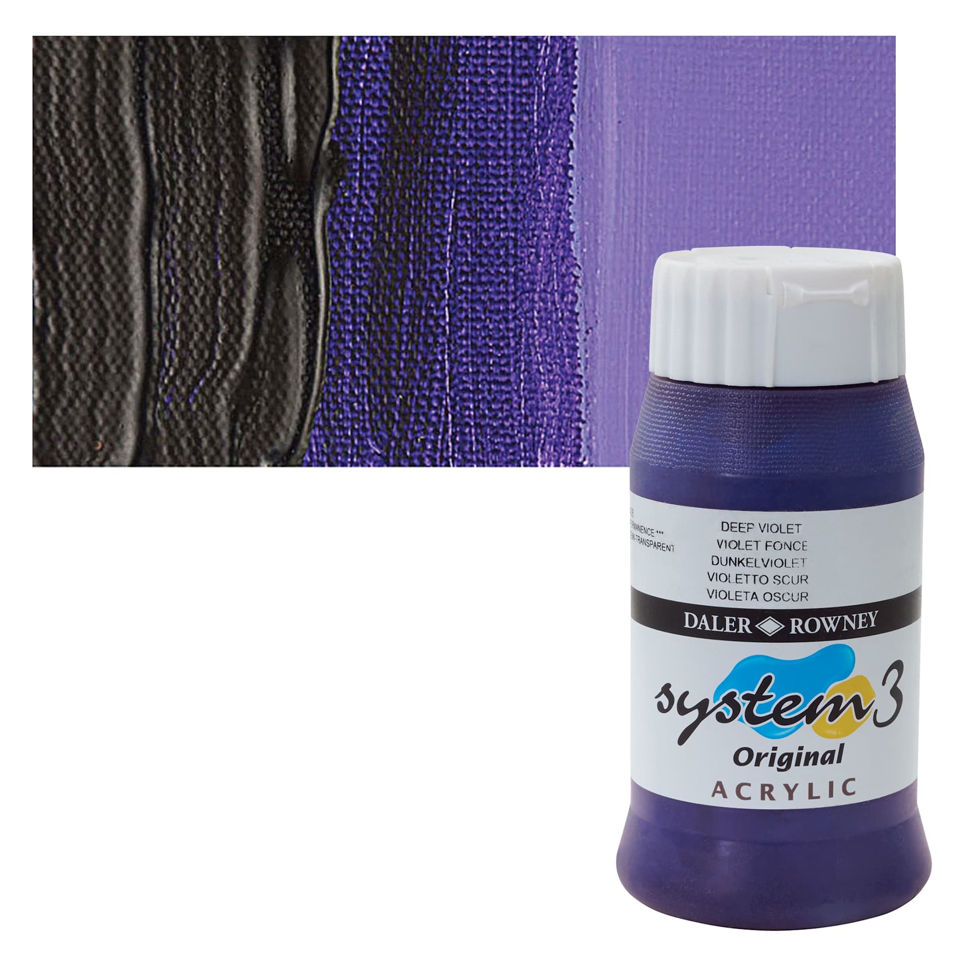 Daler-Rowney System3 Acrylic - Deep Violet, 500 ml bottle and swatch