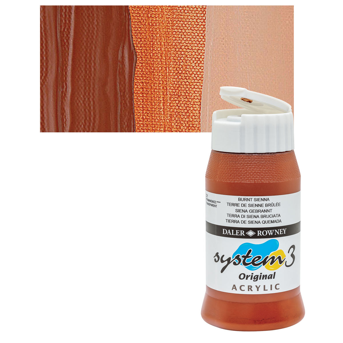 Daler-Rowney System3 Acrylic - Burnt Sienna, 500 ml bottle and swatch