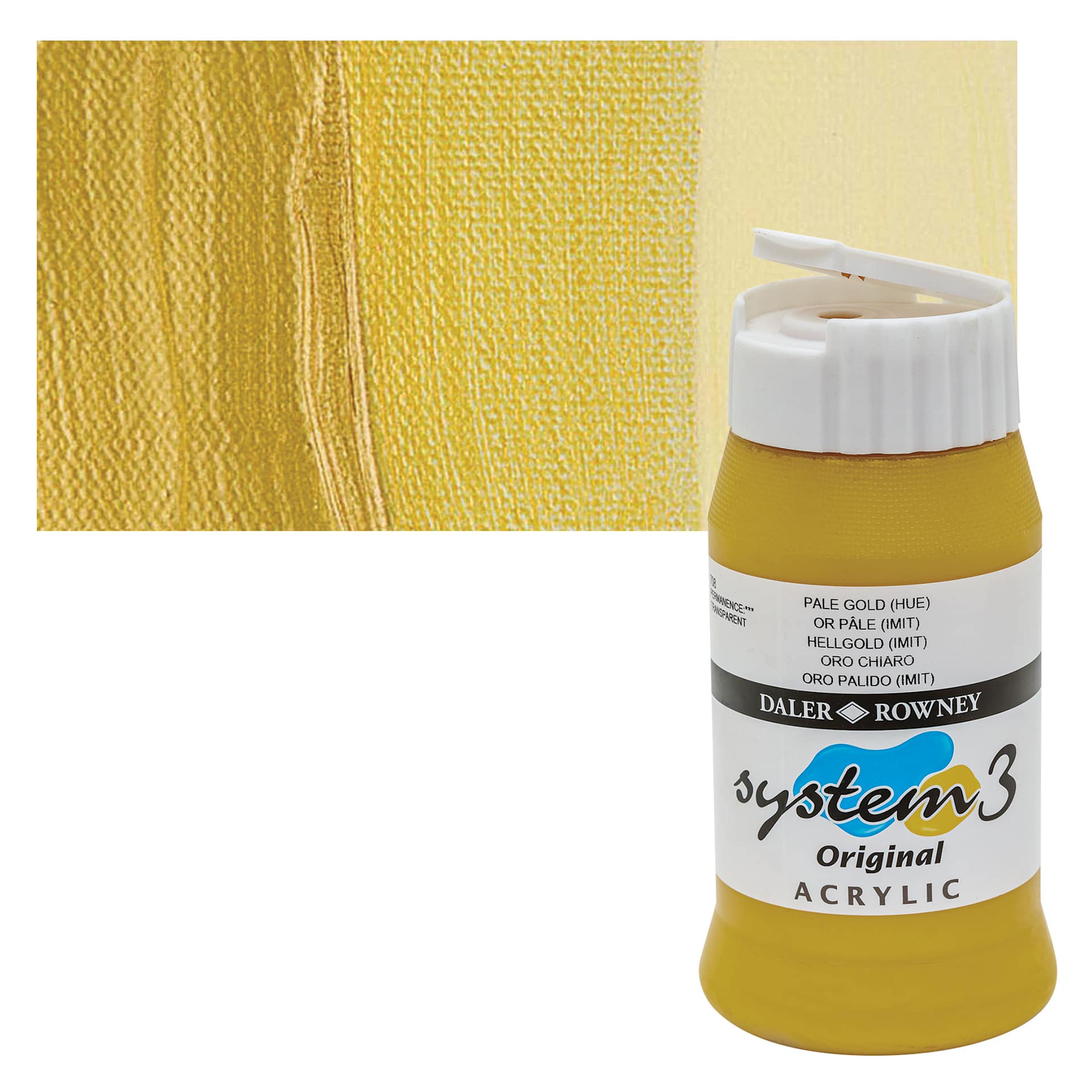 Daler-Rowney System3 Acrylic - Pale Gold Hue, 500 ml bottle and swatch Daler-Rowney System3 Acrylic - Pale Gold Hue, 500 ml bottle and swatch