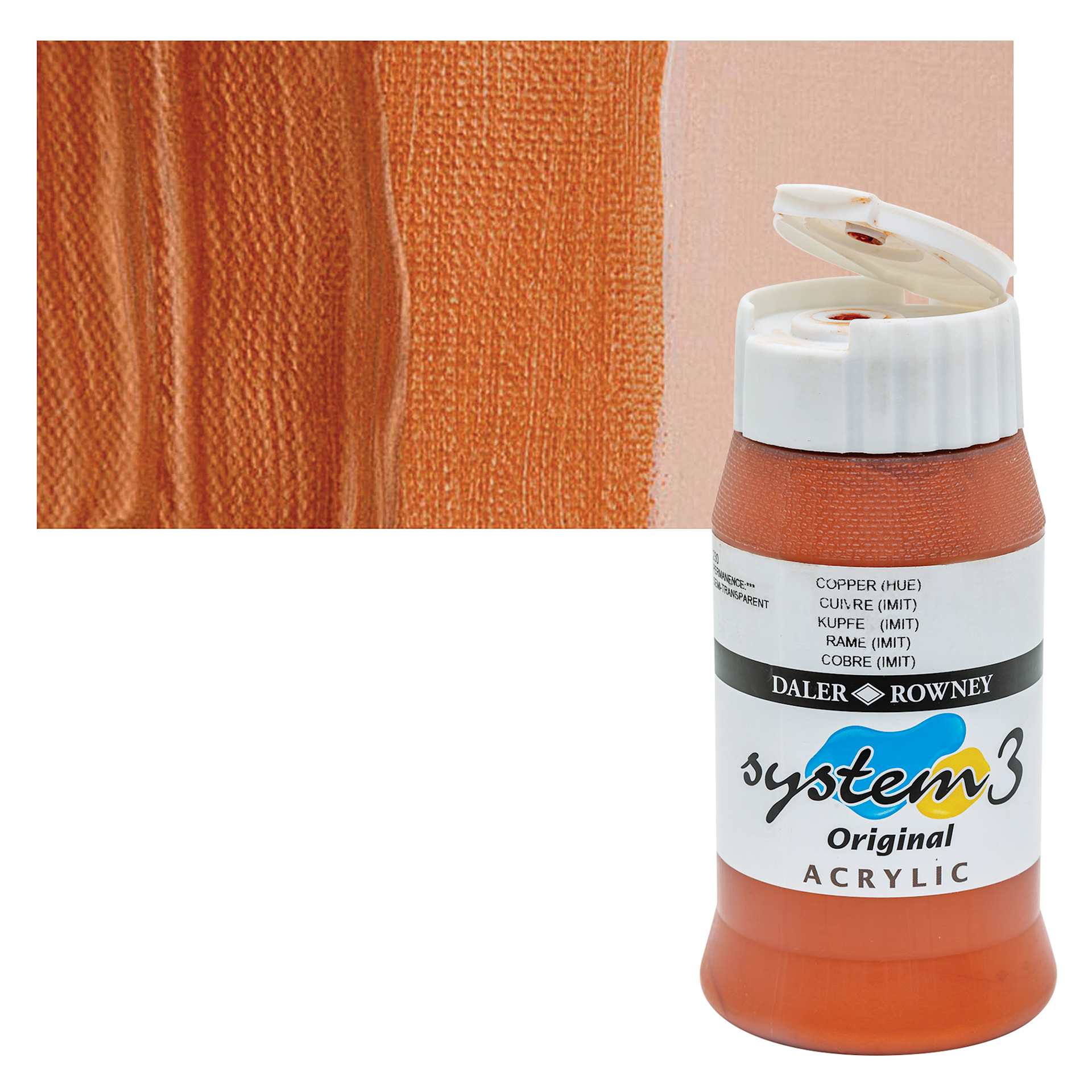 Daler-Rowney System3 Acrylic - Copper Hue, 500 ml bottle and swatch Daler-Rowney System3 Acrylic - Copper Hue, 500 ml bottle and swatch