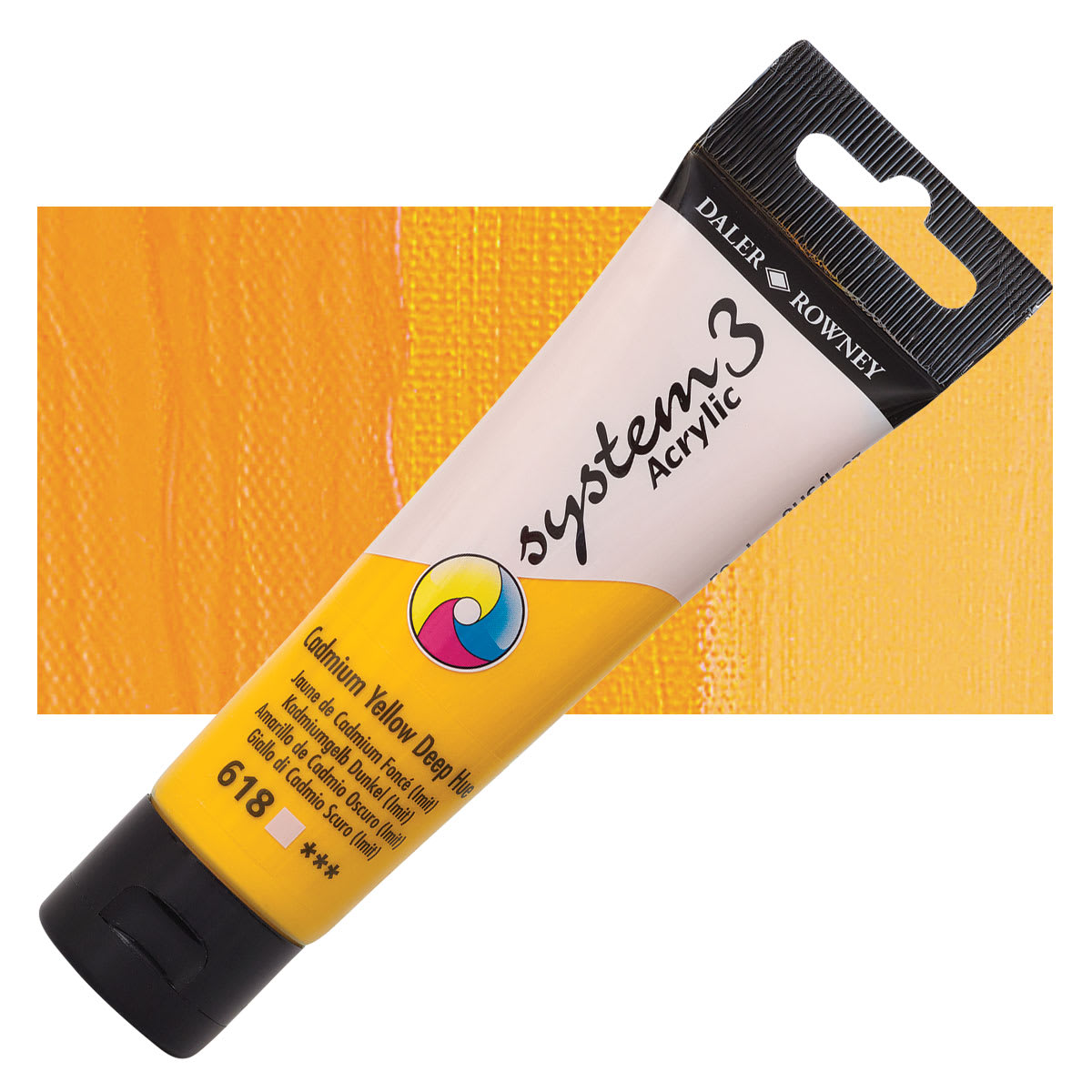 Daler-Rowney System3 Acrylic - Cadmium Yellow Deep Hue, 59 ml tube and swatch