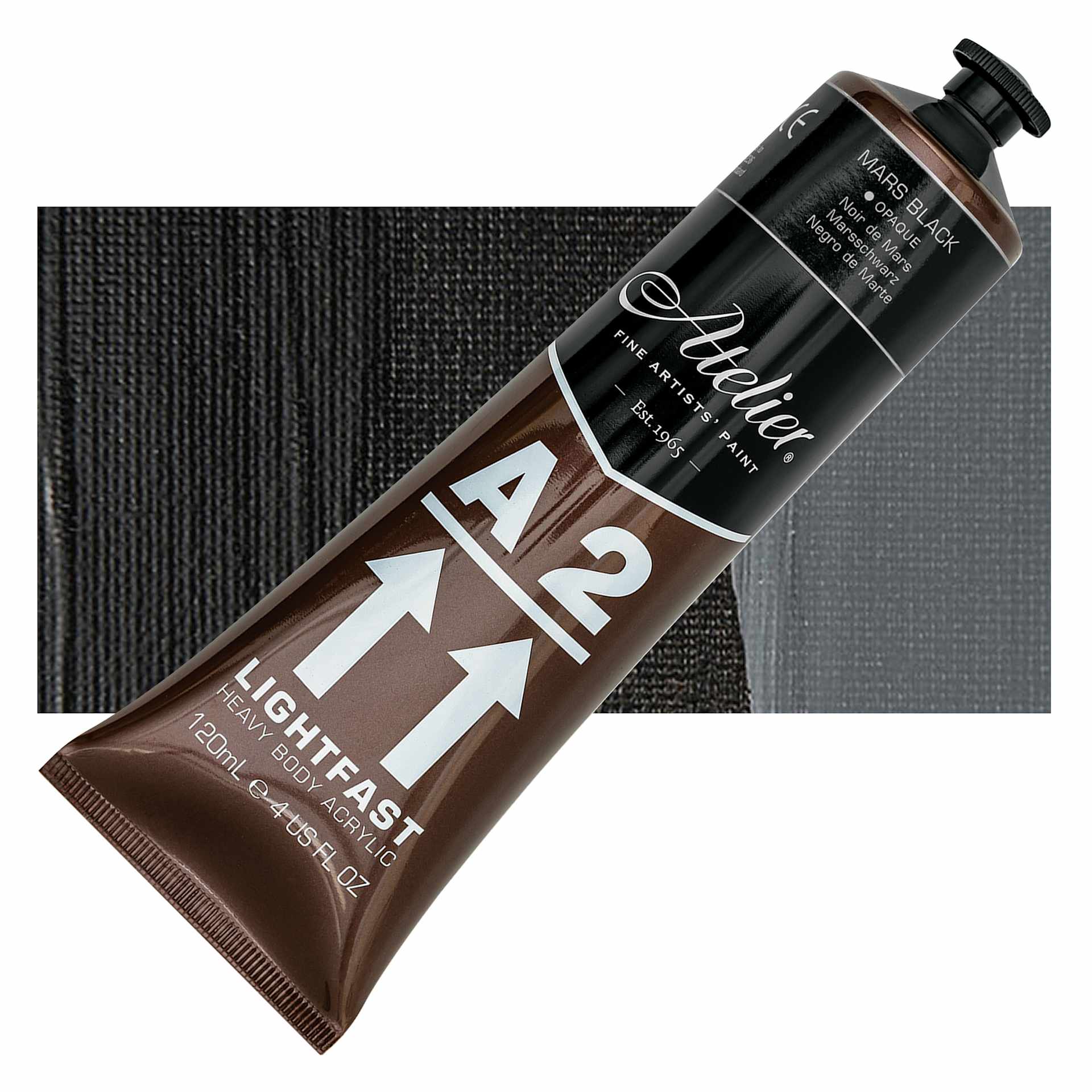Chroma A2 Student Acrylic - Mars Black, 120 ml tube and swatch