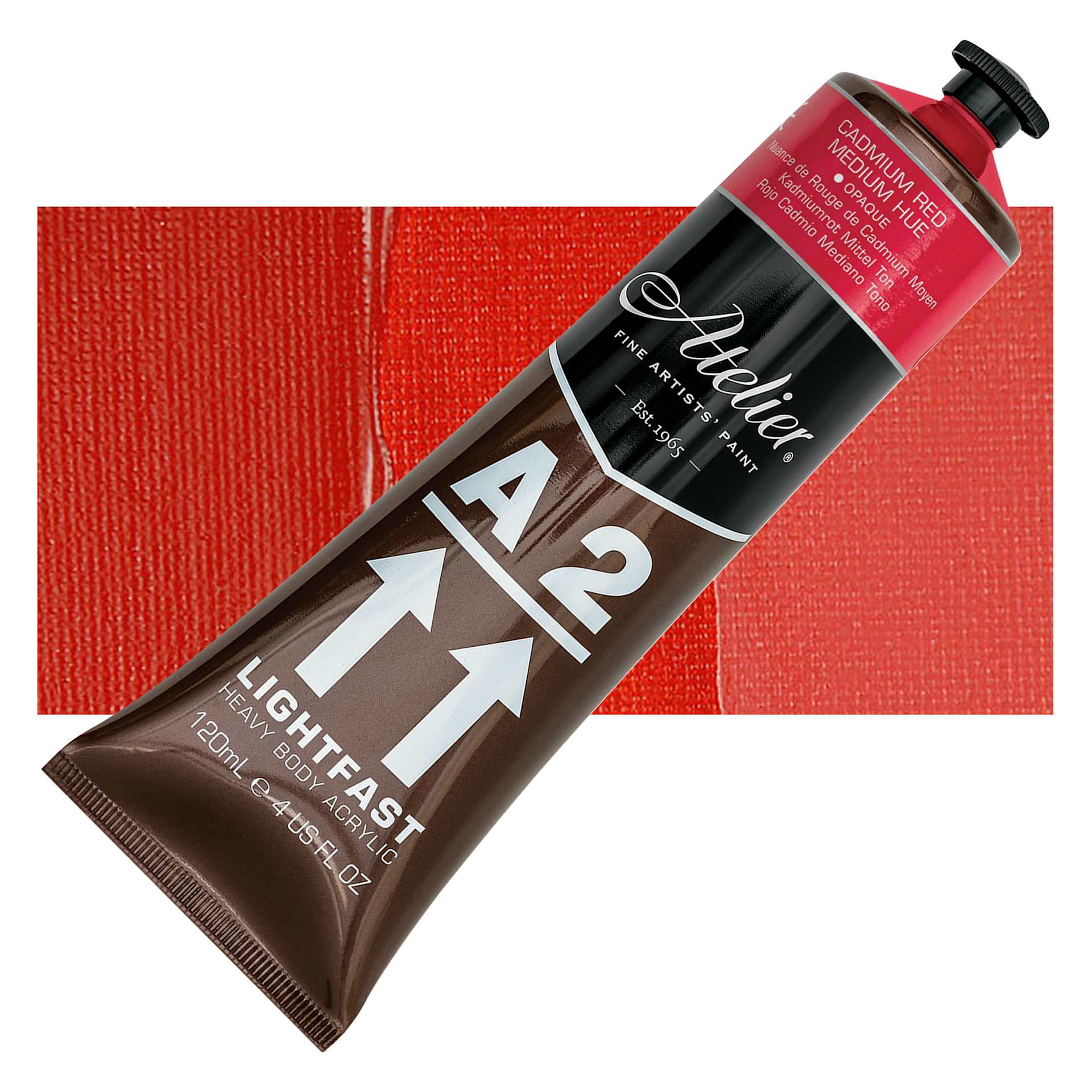 Chroma A2 Student Acrylic - Cadmium Red Medium Hue, 120 ml tube and swatch