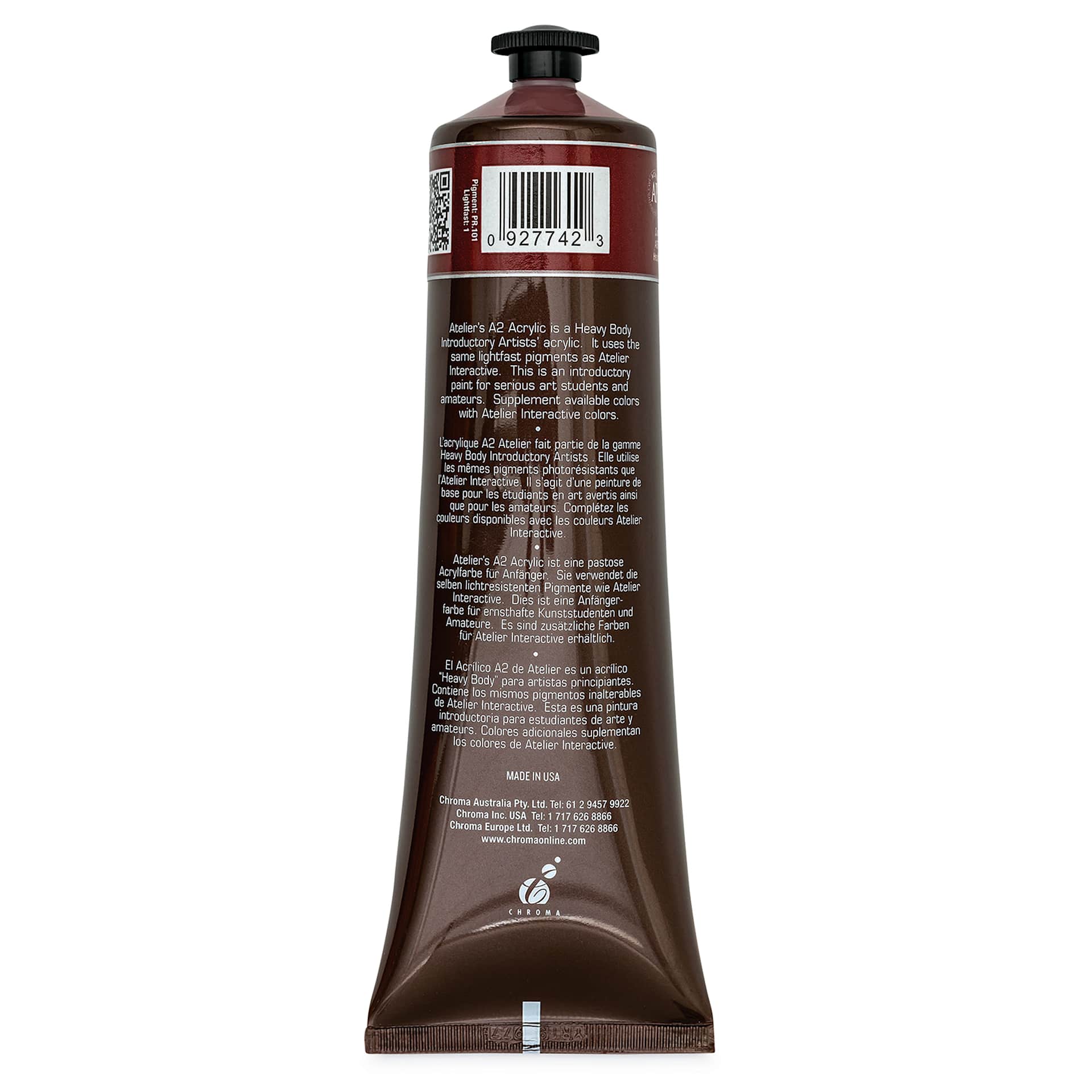 Chroma A2 Student Acrylics - India Red Oxide, 120 ml tube, back Chroma A2 Student Acrylics - India Red Oxide, 120 ml tube, back