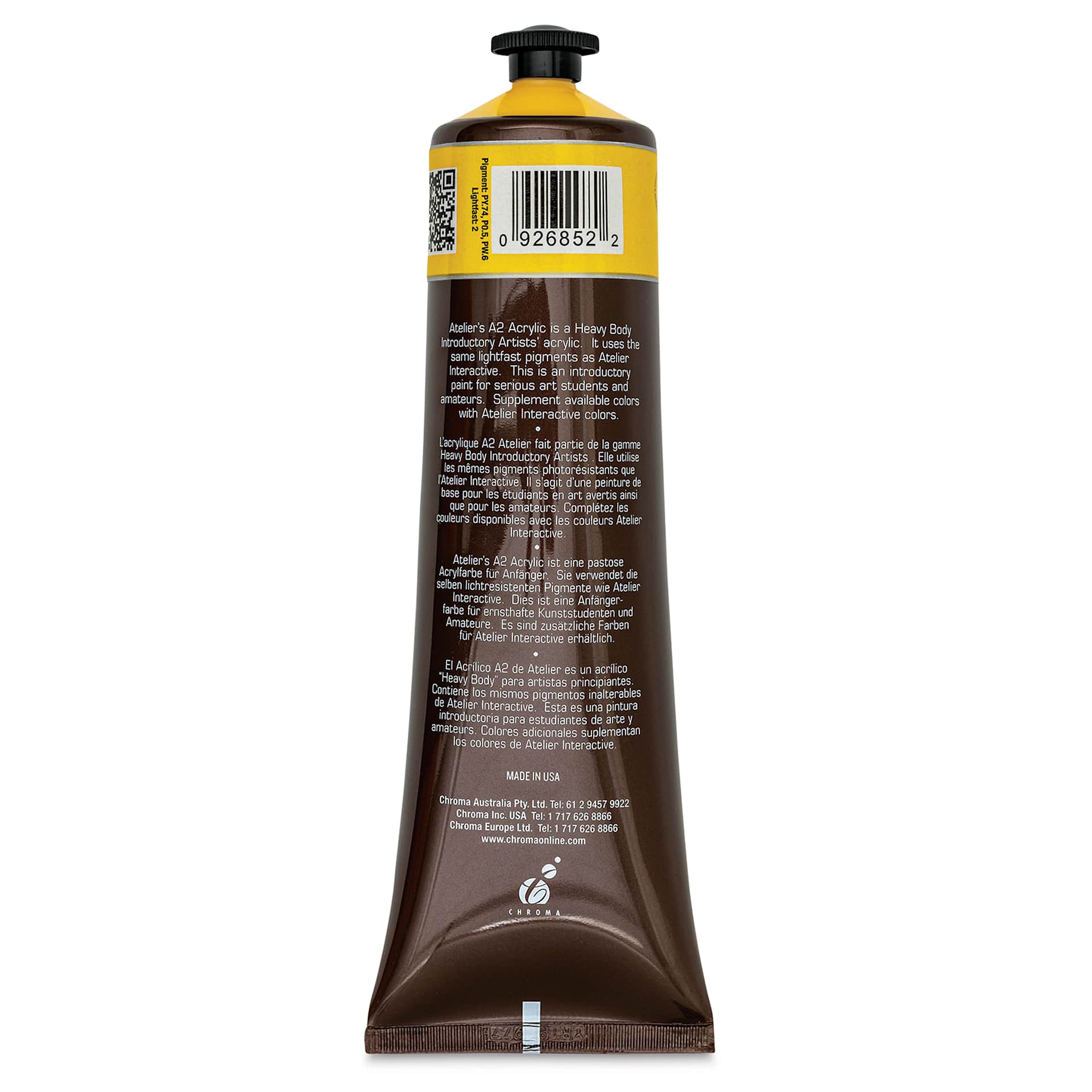 Chroma A2 Student Acrylics - Cadmium Yellow Medium Hue, 120 ml tube, back