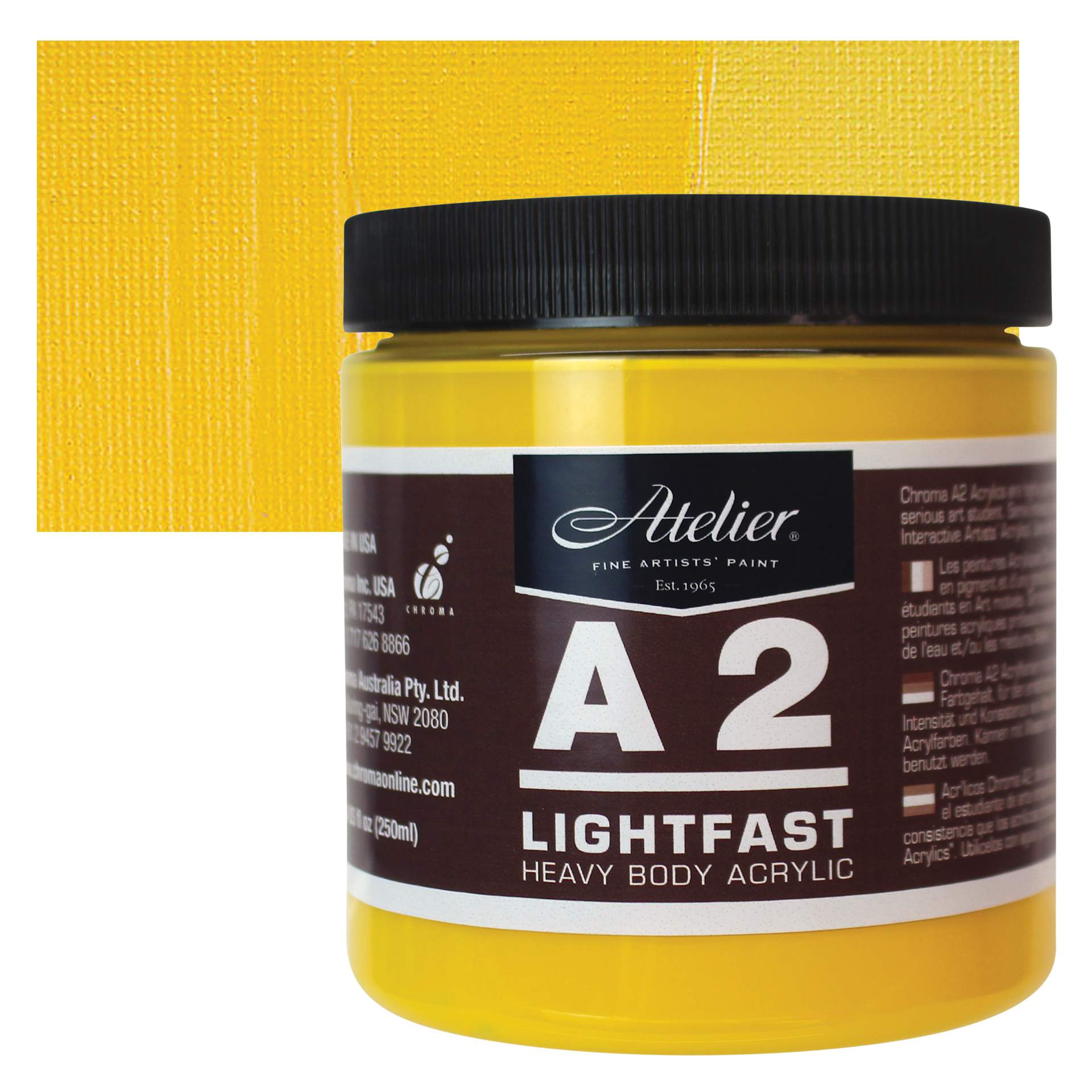 Chroma A2 Student Acrylic - Cadmium Yellow Medium Hue, 250 ml jar and swatch