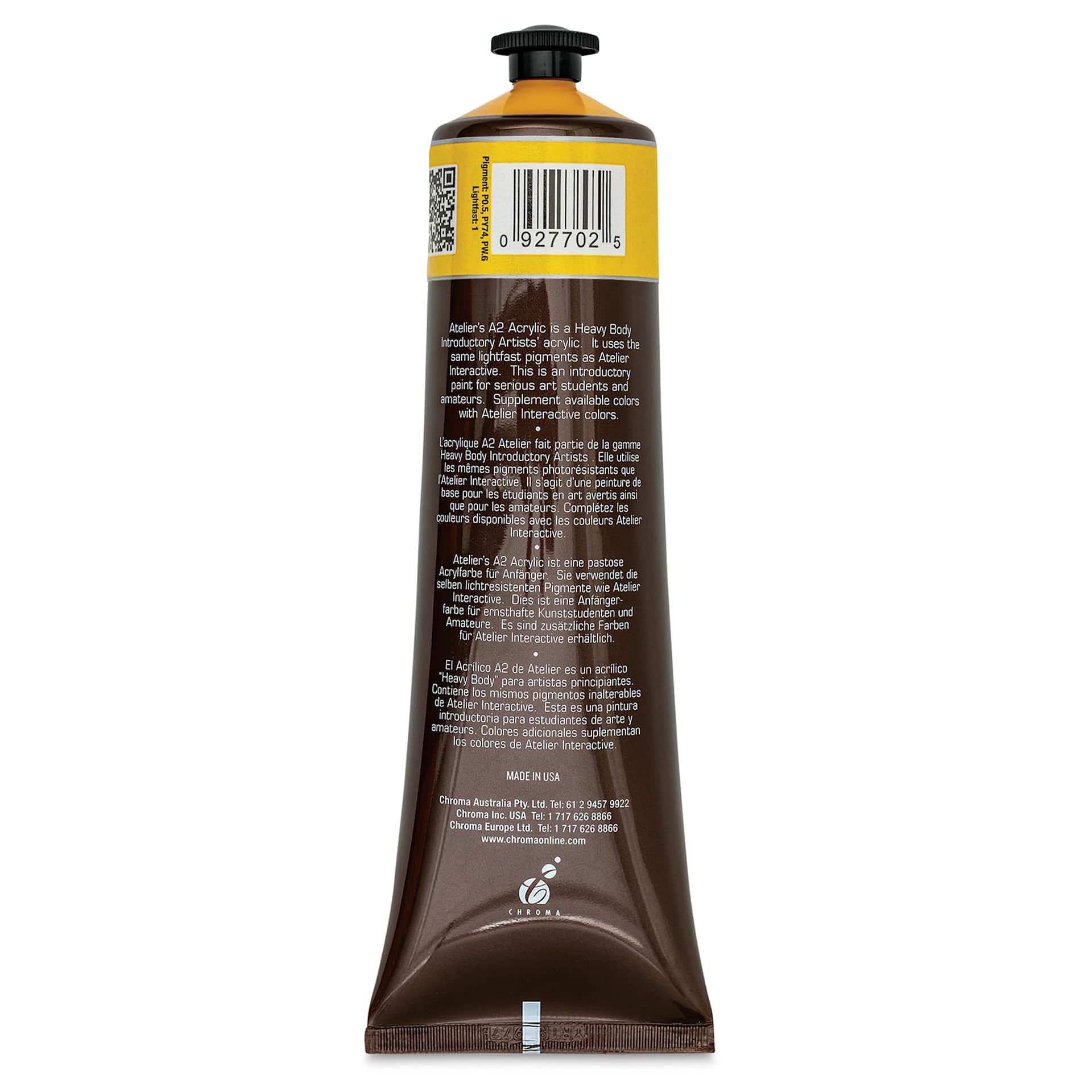Chroma A2 Student Acrylics - Cadmium Yellow Deep Hue, 120 ml tube, back