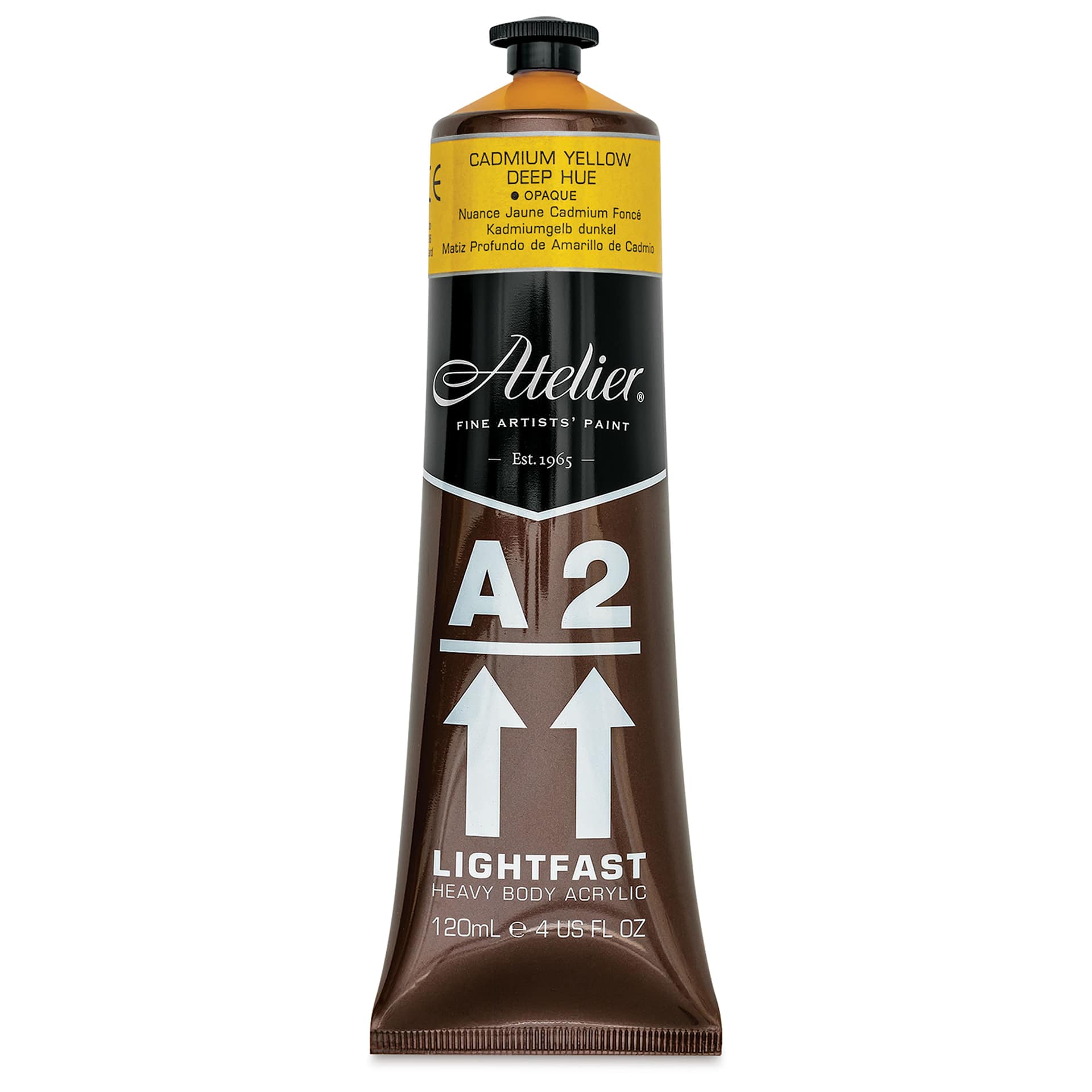 Chroma A2 Student Acrylics - Cadmium Yellow Deep Hue, 120 ml tube, front