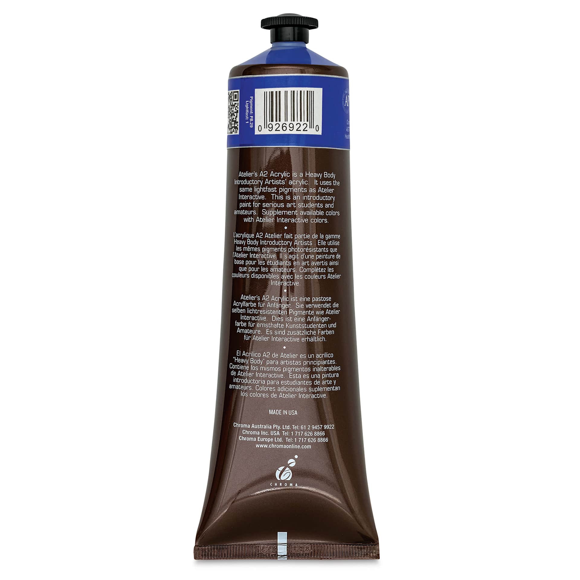 Chroma A2 Student Acrylics - Ultramarine Blue, 120 ml tube, back