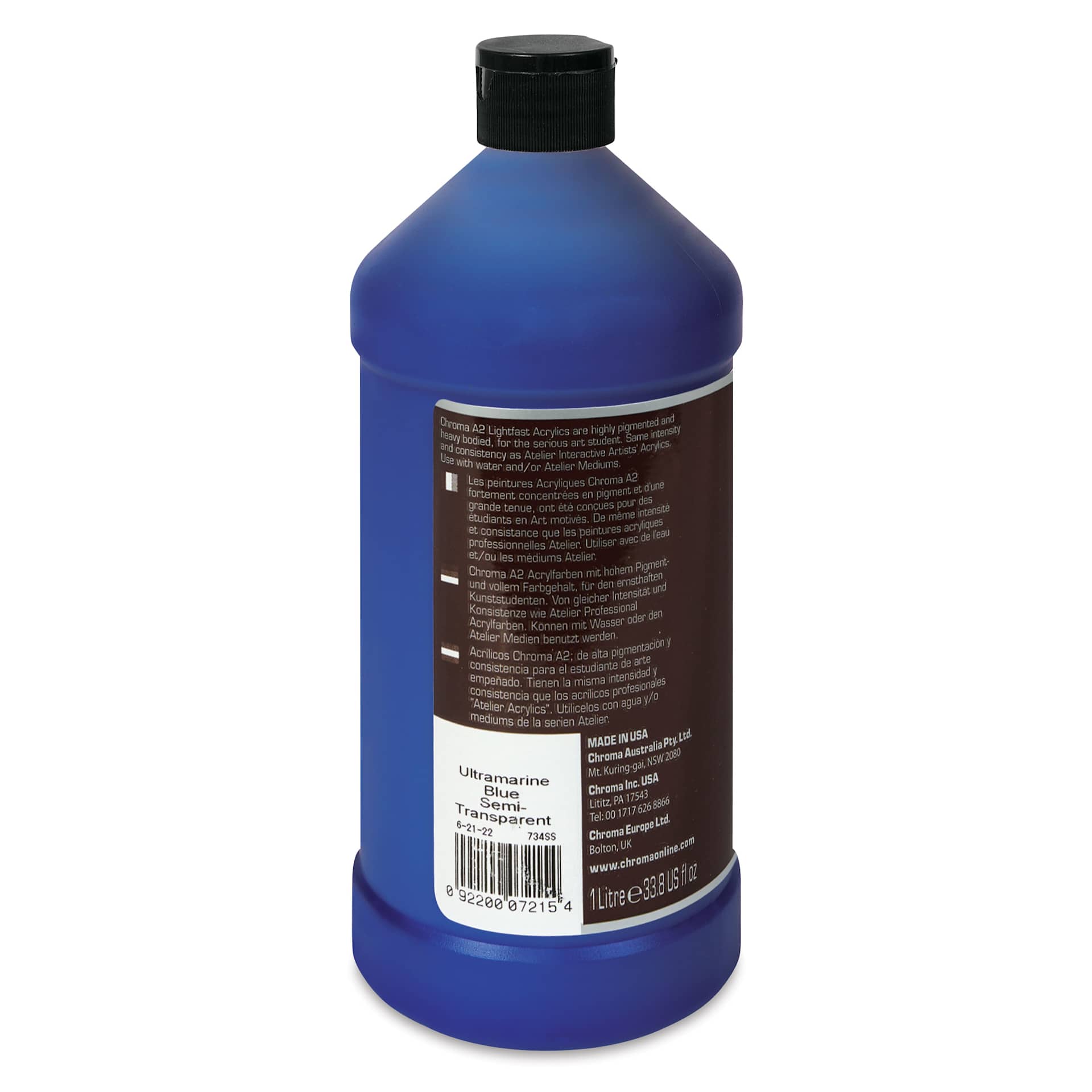 Chroma A2 Student Acrylics - Ultramarine Blue, 1 L, Bottle, back