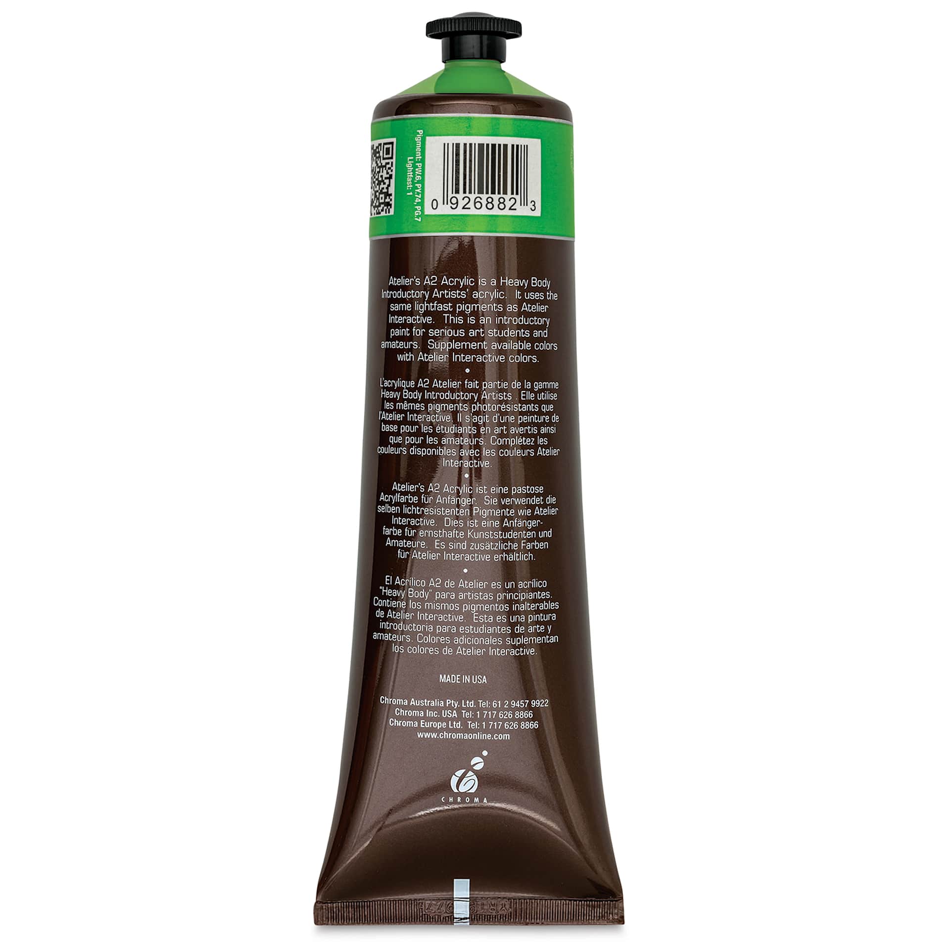 Chroma A2 Student Acrylics - Green Light, 120 ml tube, back