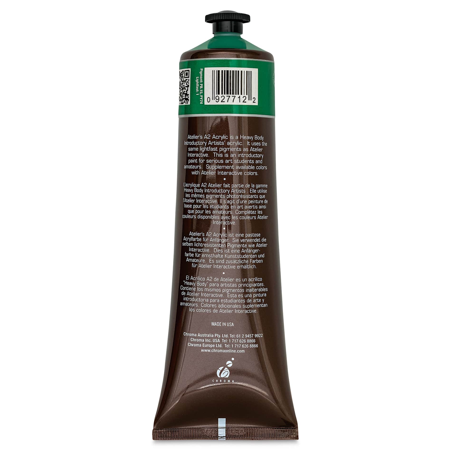 Chroma A2 Student Acrylics - Permanent Green Deep Hue, 120 ml tube, back