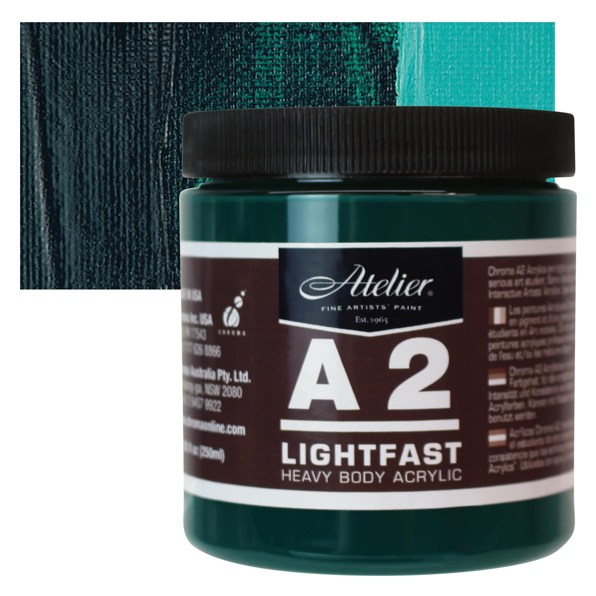 Chroma A2 Student Acrylic - Pthalo Green Hue, 250 ml jar and swatch