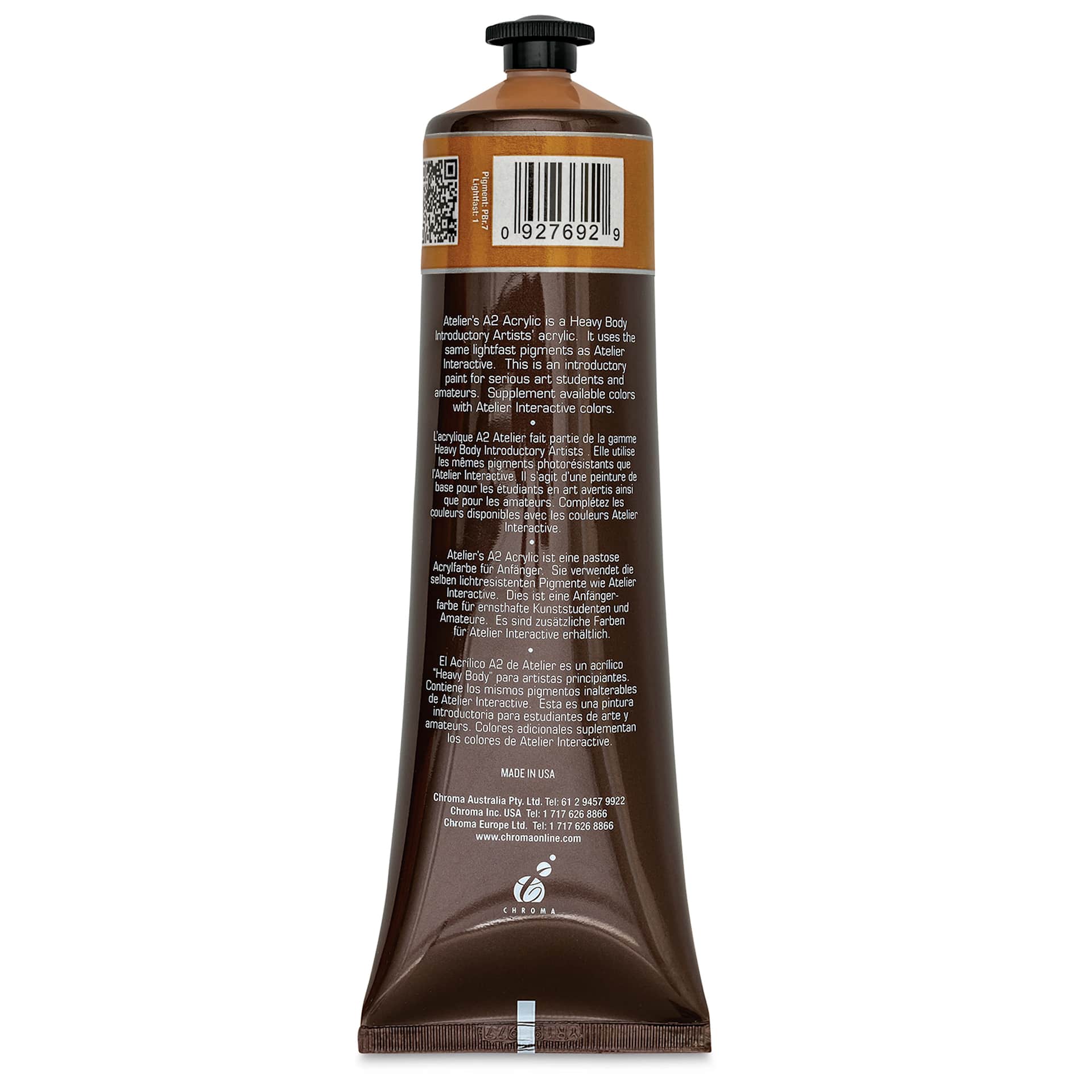 Chroma A2 Student Acrylics - Raw Sienna, 120 ml tube, back