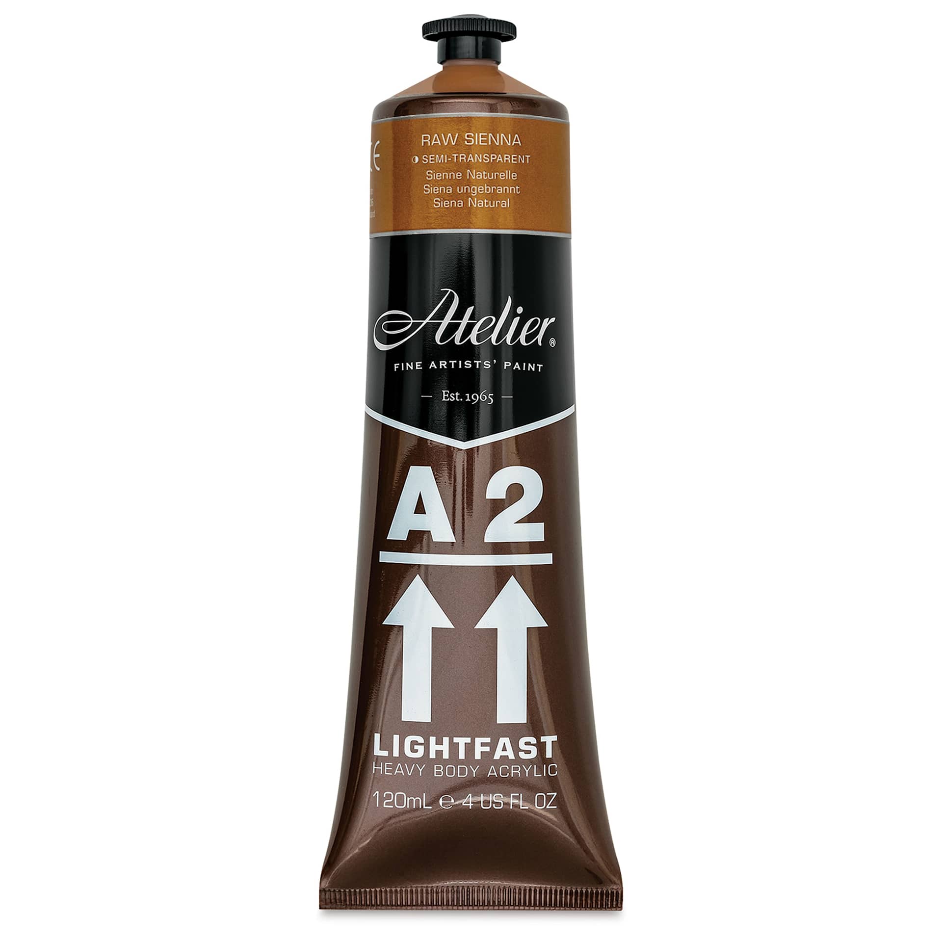 Chroma A2 Student Acrylics - Raw Sienna, 120 ml tube, front