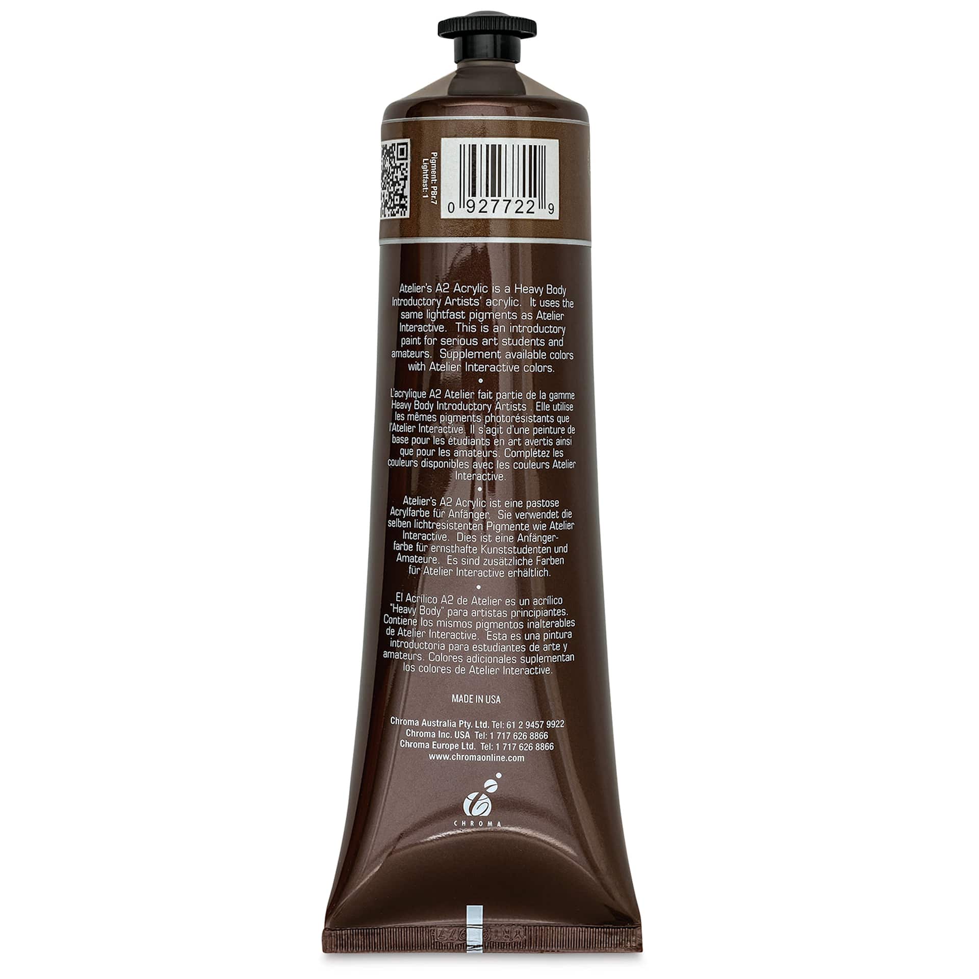 Chroma A2 Student Acrylics - Raw Umber, 120 ml tube, back