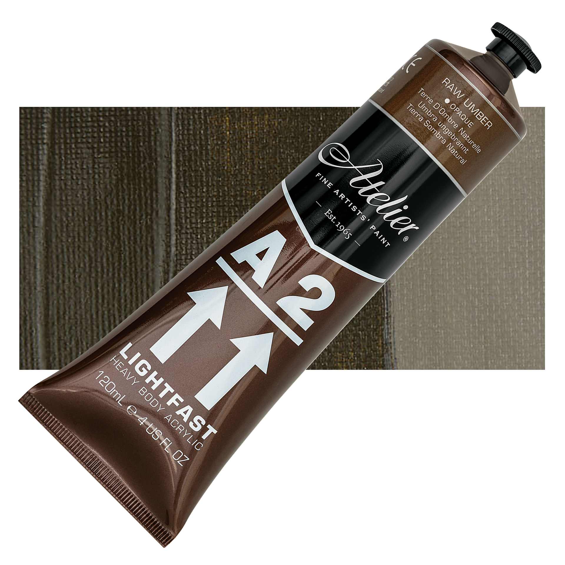 Chroma A2 Student Acrylic - Raw Umber, 120 ml tube and swatch