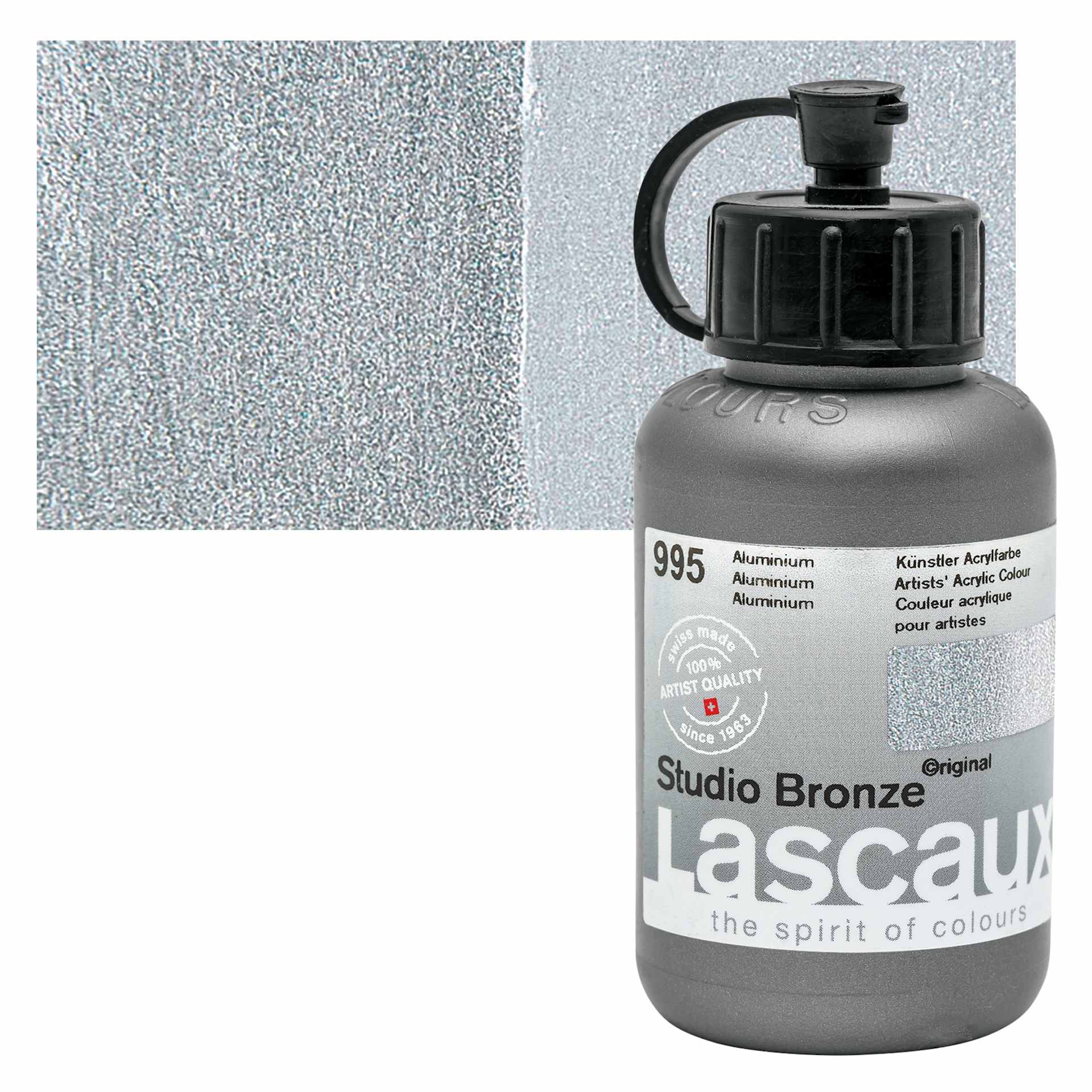 Lascaux Studio Bronze Acrylic - Aluminum, 85 ml bottle and swatch