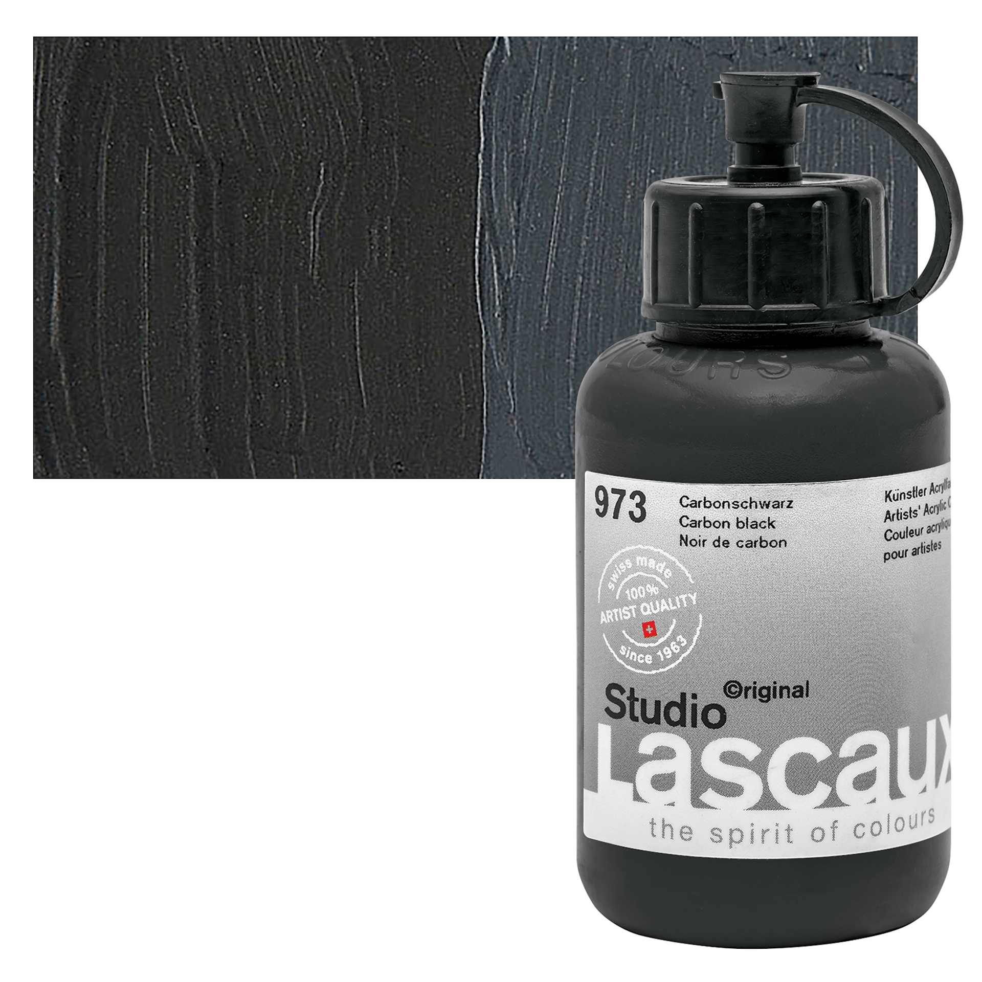 Lascaux Studio Acrylic - Carbon Black, 85 ml bottle and swatch