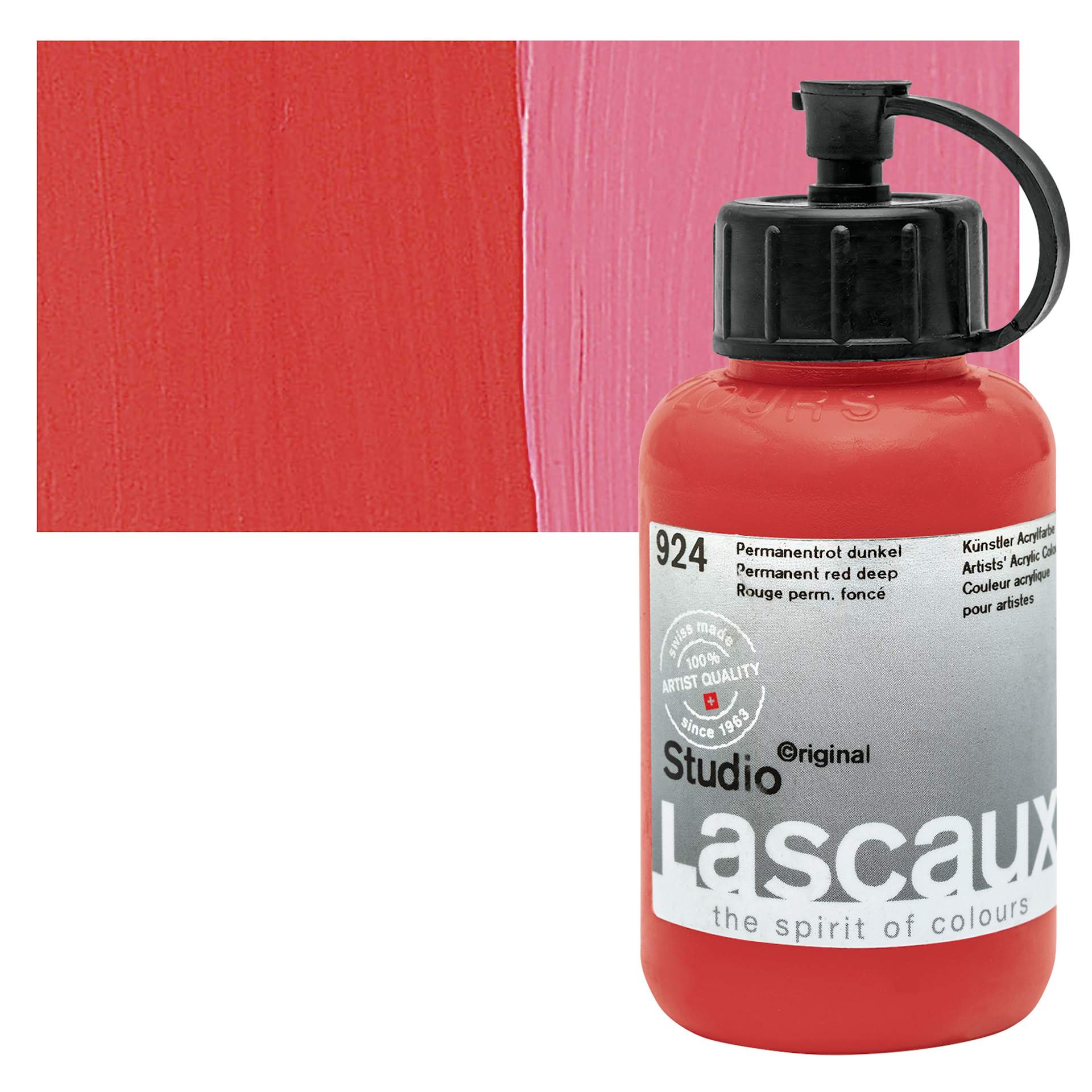 Lascaux Studio Acrylic - Permanent Red Deep, 85 ml bottle and swatch