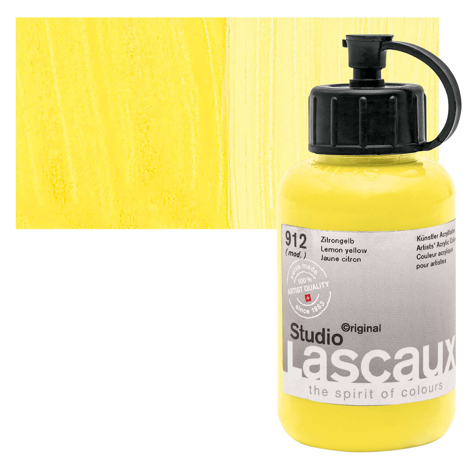 Lascaux Studio Acrylic - Lemon Yellow, 85 ml bottle and swatch