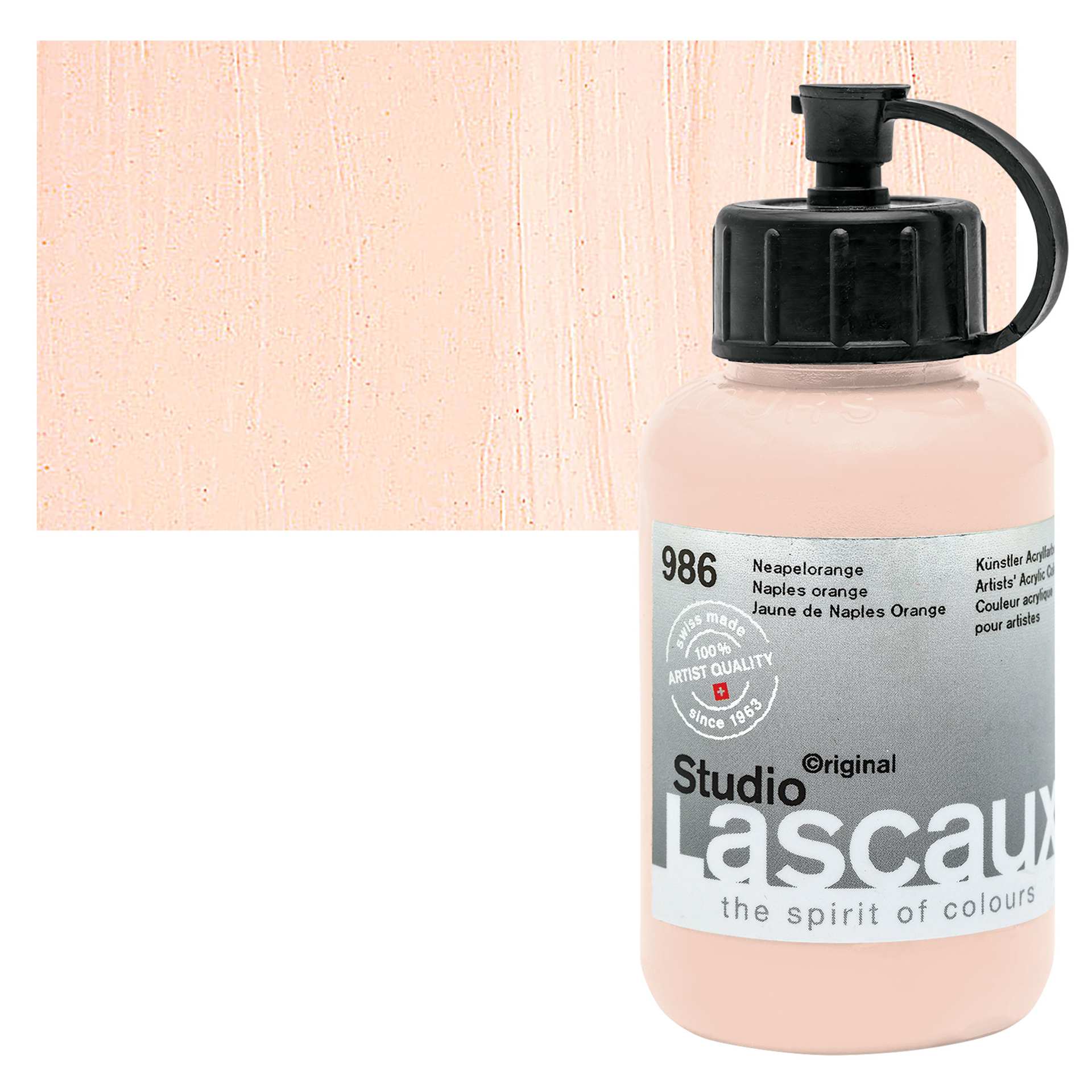 Lascaux Studio Acrylic - Naples Orange, 85 ml bottle and swatch