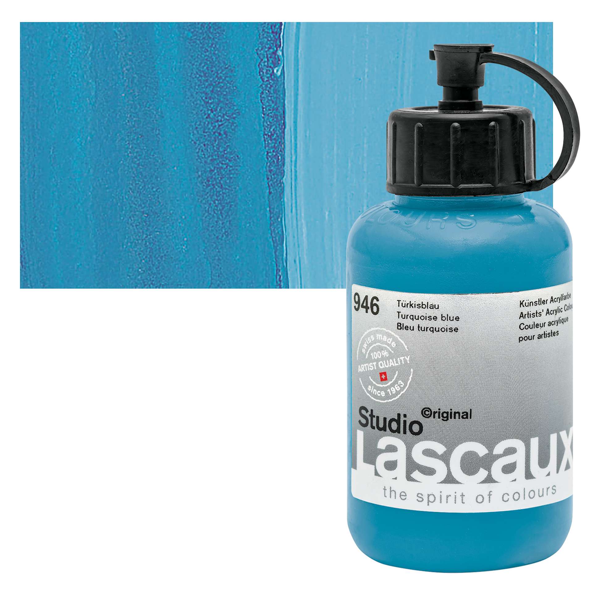 Lascaux Studio Acrylic - Turquoise Blue, 85 ml bottle and swatch