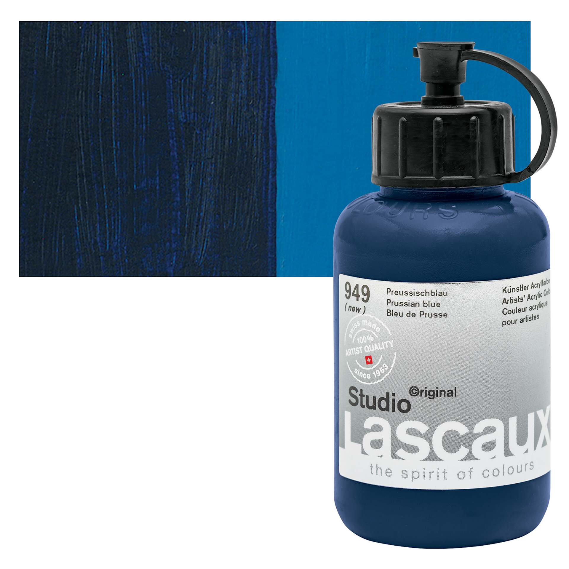 Lascaux Studio Acrylic - Prussian Blue, 85 ml bottle and swatch