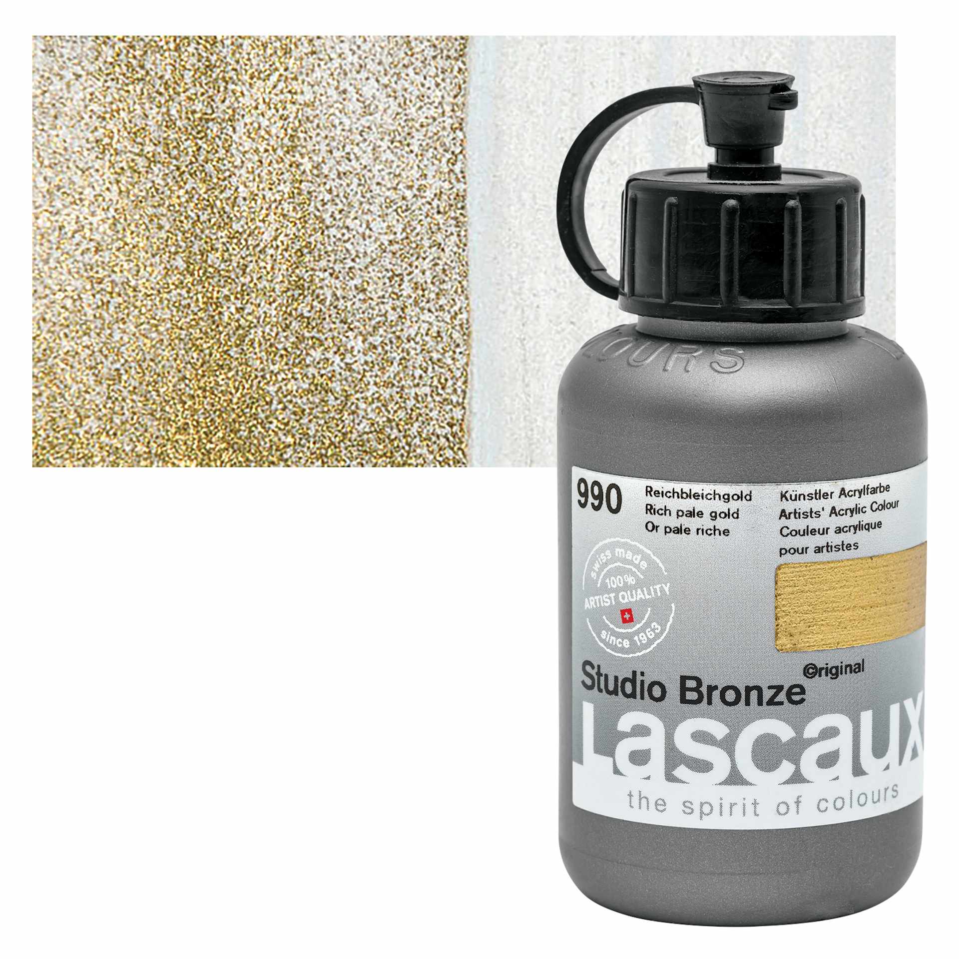 Lascaux Studio Bronze Acrylic - Rich Pale Gold, 85 ml bottle and swatch