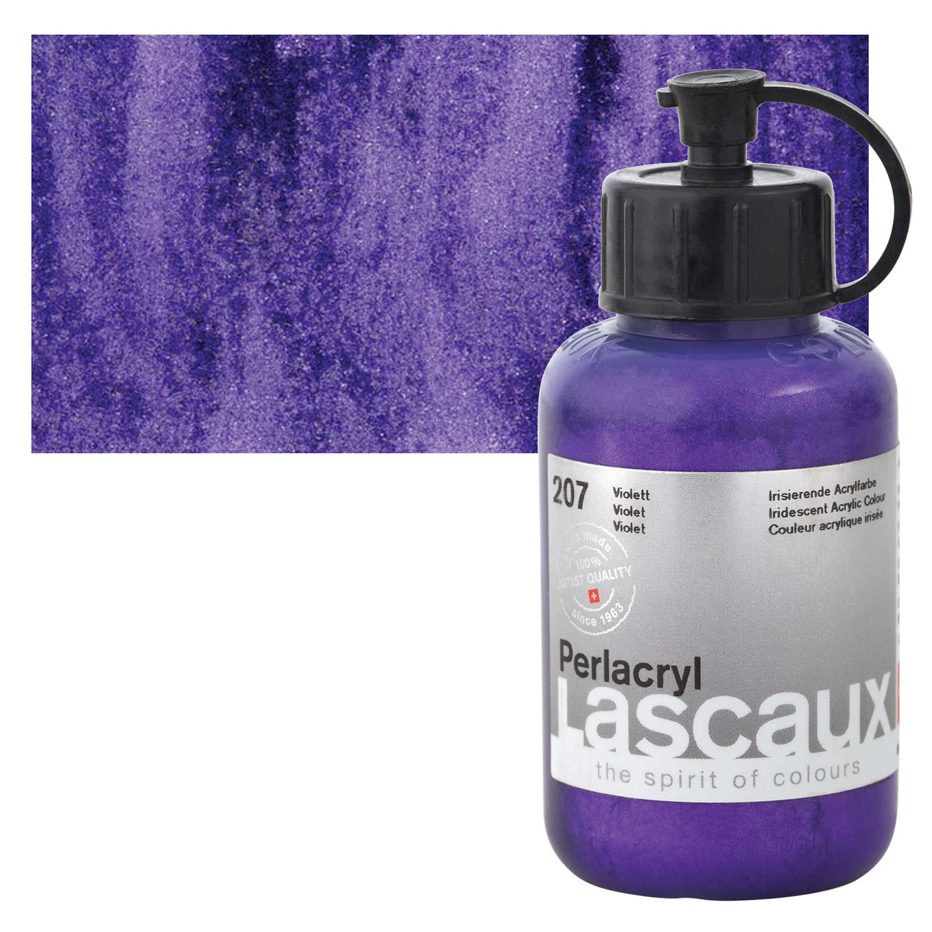 Lascaux Perlacryl Iridescent Acrylic - Violet, 85 ml bottle and swatch