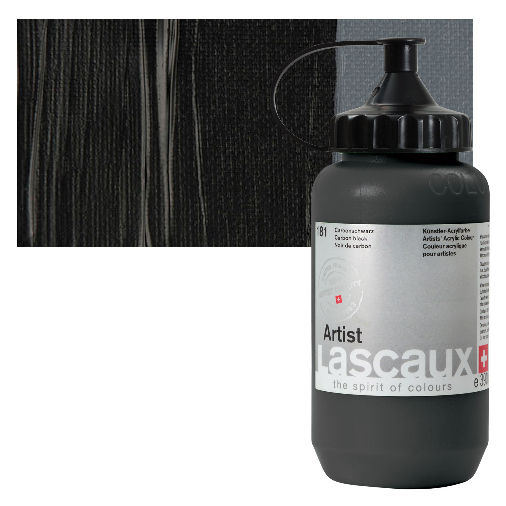 Lascaux Artist Acrylic - Carbon Black, 390 ml Bottle and swatch