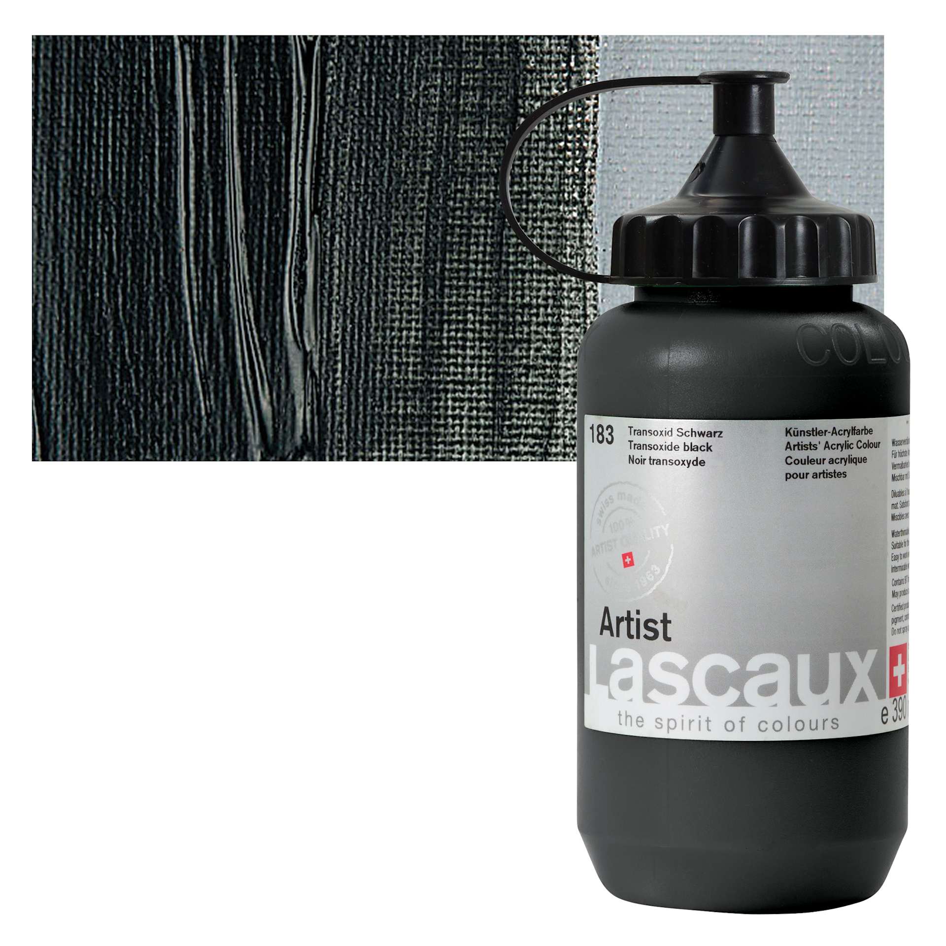 Lascaux Artist Acrylic - Transoxide Black, 390 ml Tube and swatch