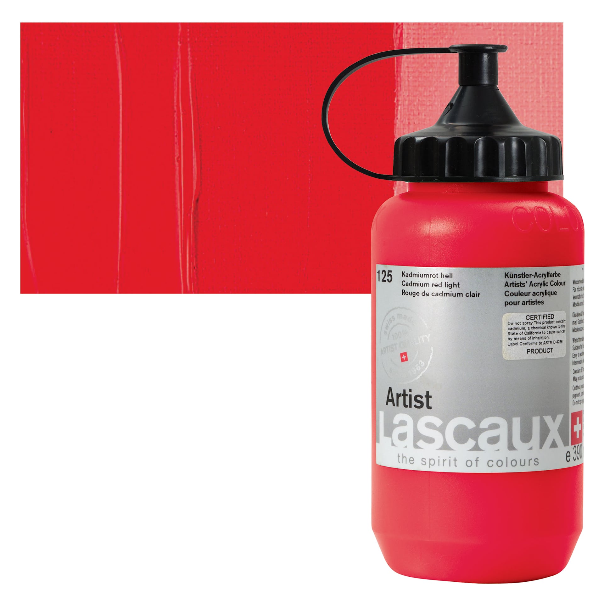 Lascaux Artist Acrylic - Cadmium Red Light, 390 ml Tube and swatch