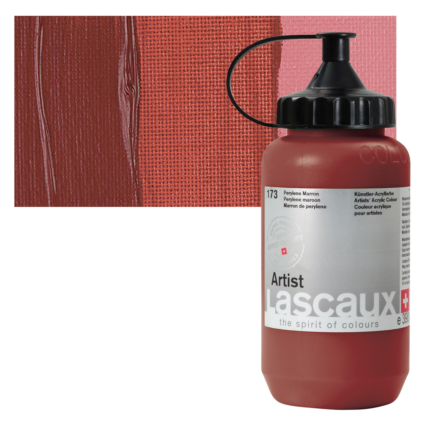Lascaux Artist Acrylic - Perylene Maroon, 390 ml Bottle and swatch