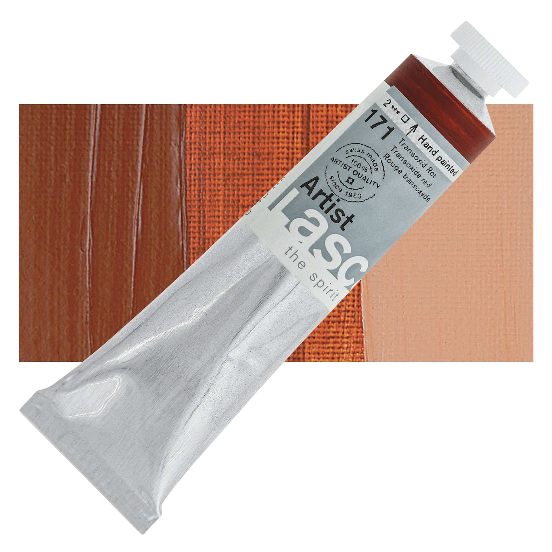 Lascaux Artist Acrylic - Transoxide Red, 45 ml tube and swatch