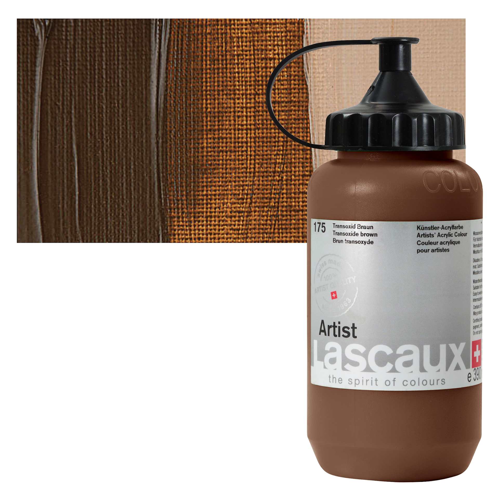 Lascaux Artist Acrylic - Transoxide Brown, 390 ml Bottle and swatch