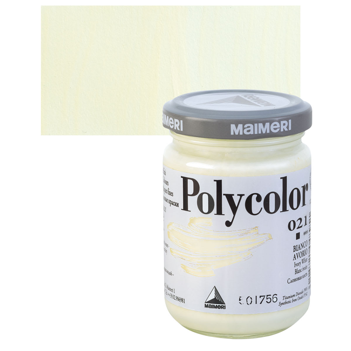 Maimeri Polycolor Vinyl Paint - Ivory White, 140 ml, Jar and swatch
