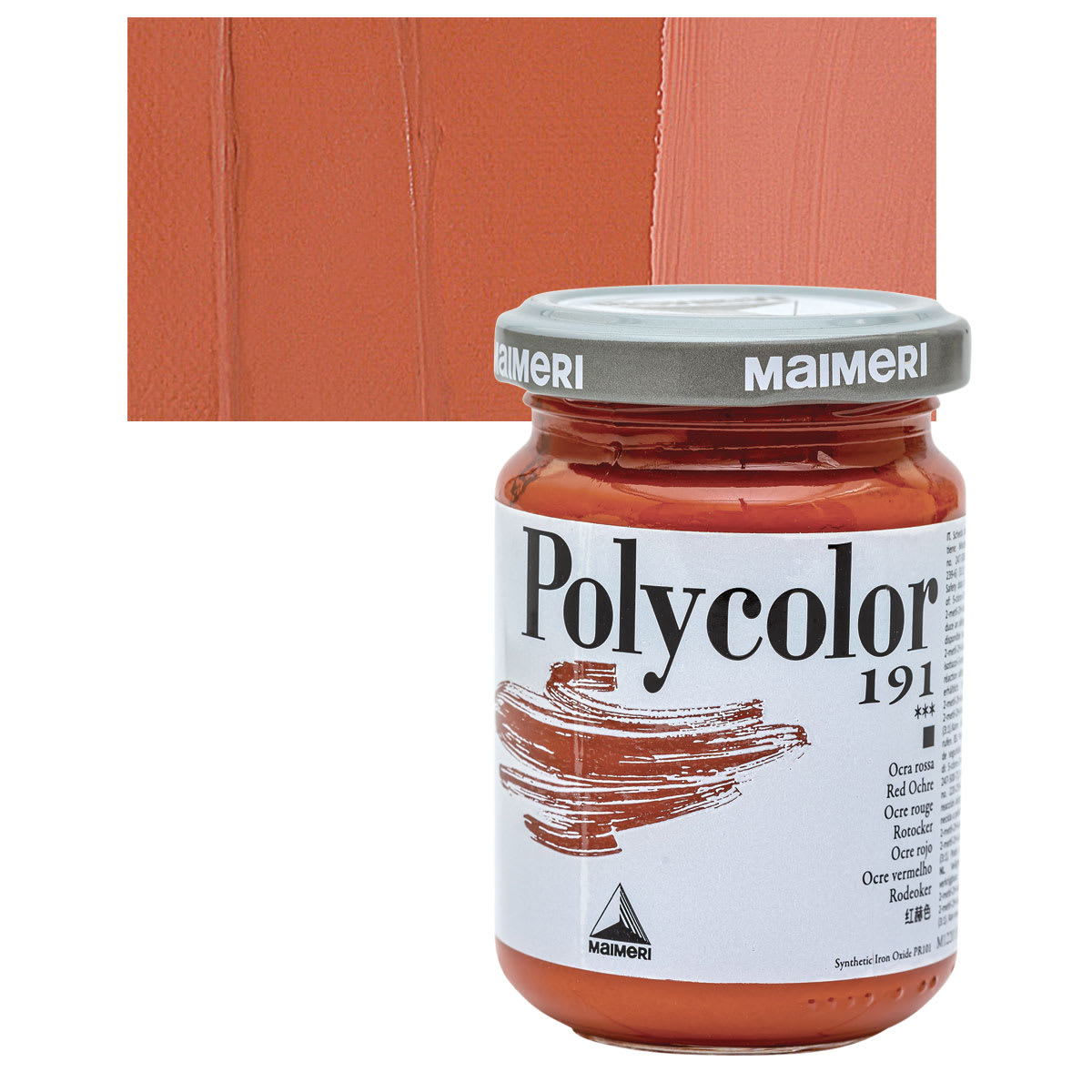 Maimeri Polycolor Vinyl Paint - Red Ochre, 140 ml Jar and swatch