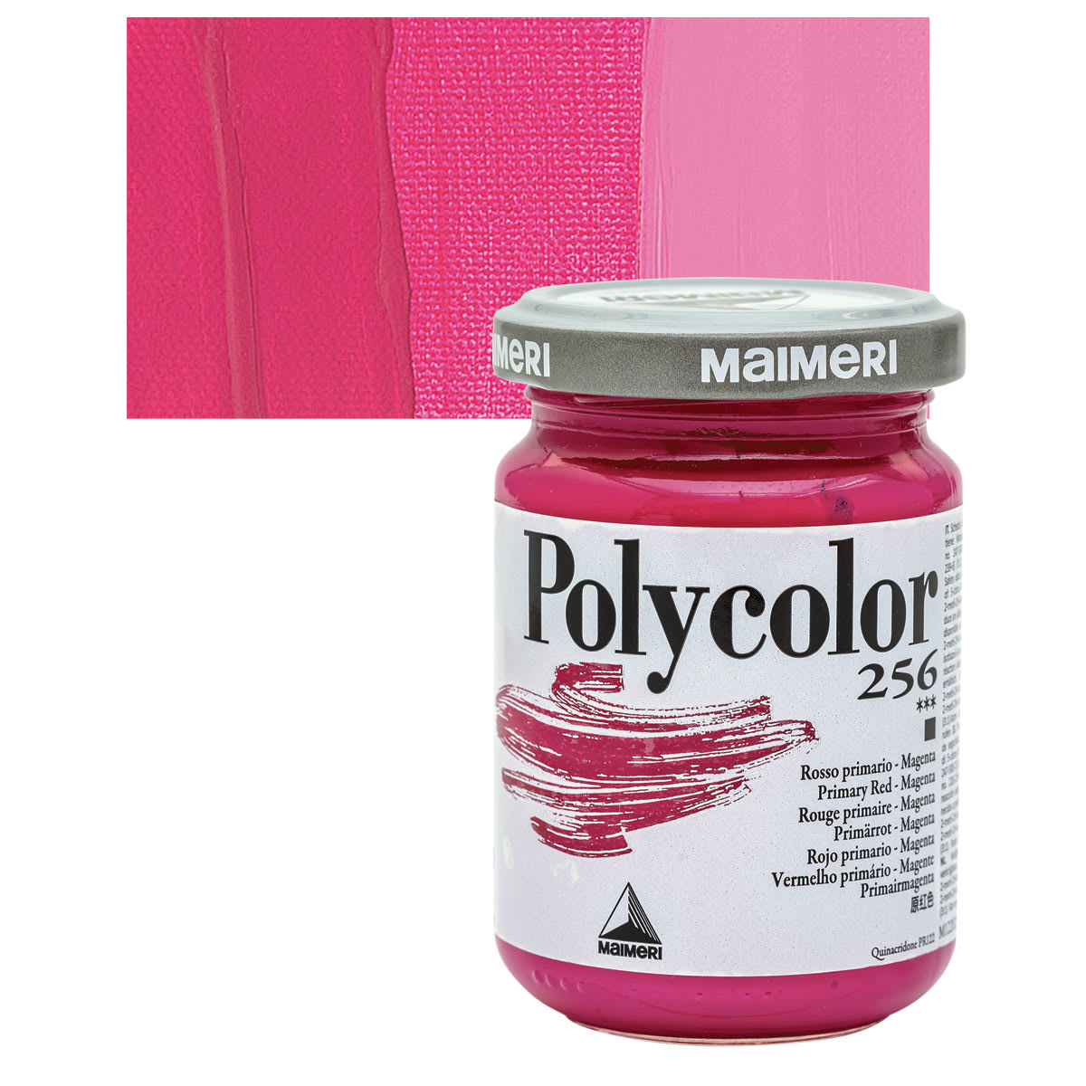 Maimeri Polycolor Vinyl Paint - Primary Red - Magenta, 140 ml Jar and swatch