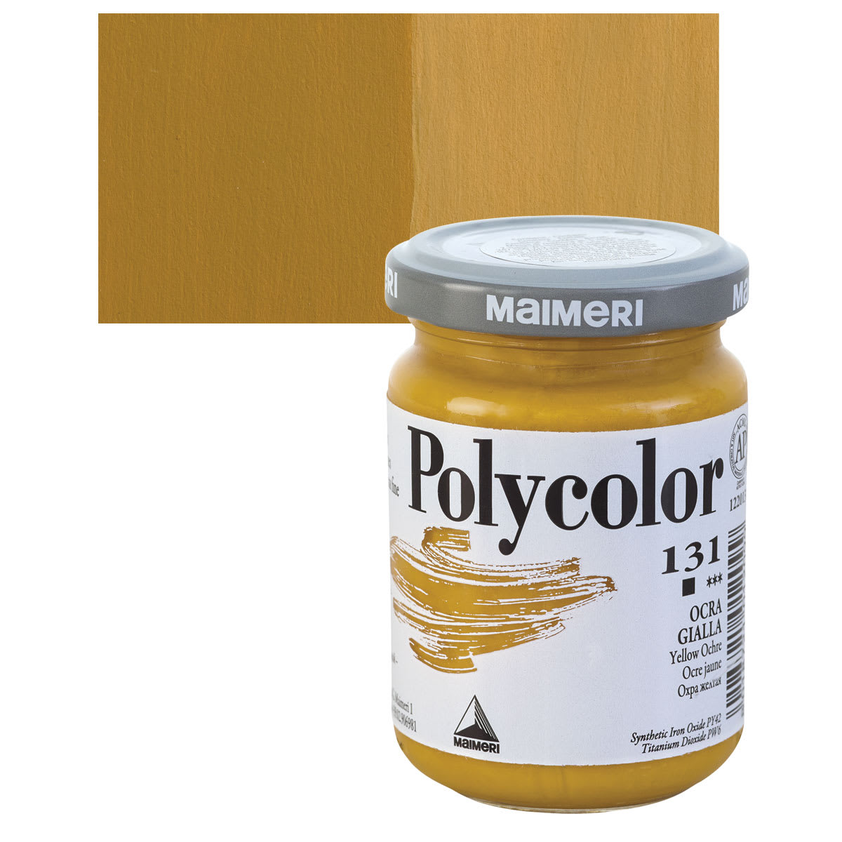 Maimeri Polycolor Vinyl Paint - Yellow Ochre, 140 ml Jar and swatch