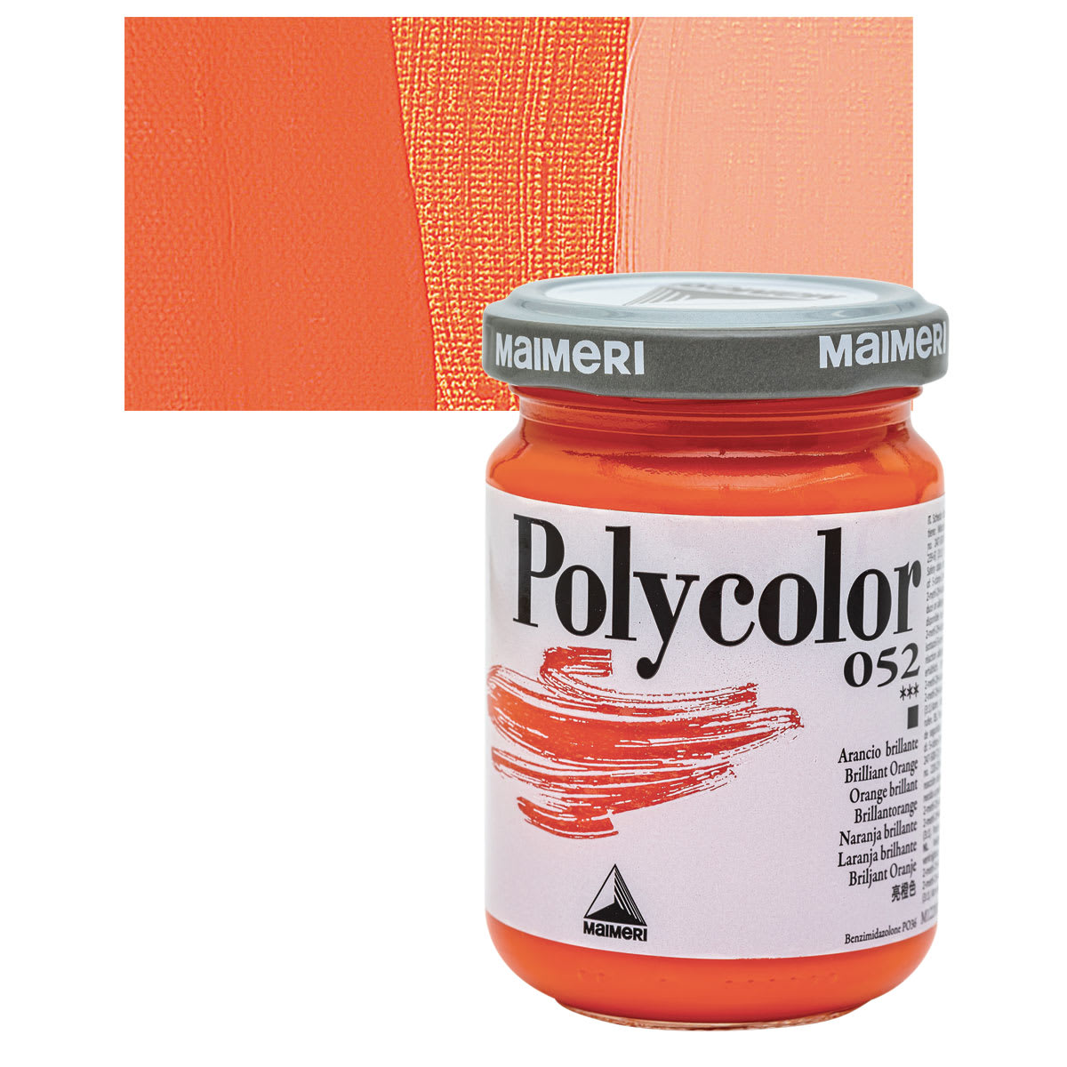 Maimeri Polycolor Vinyl Paint - Brilliant Orange, 140 ml jar and swatch