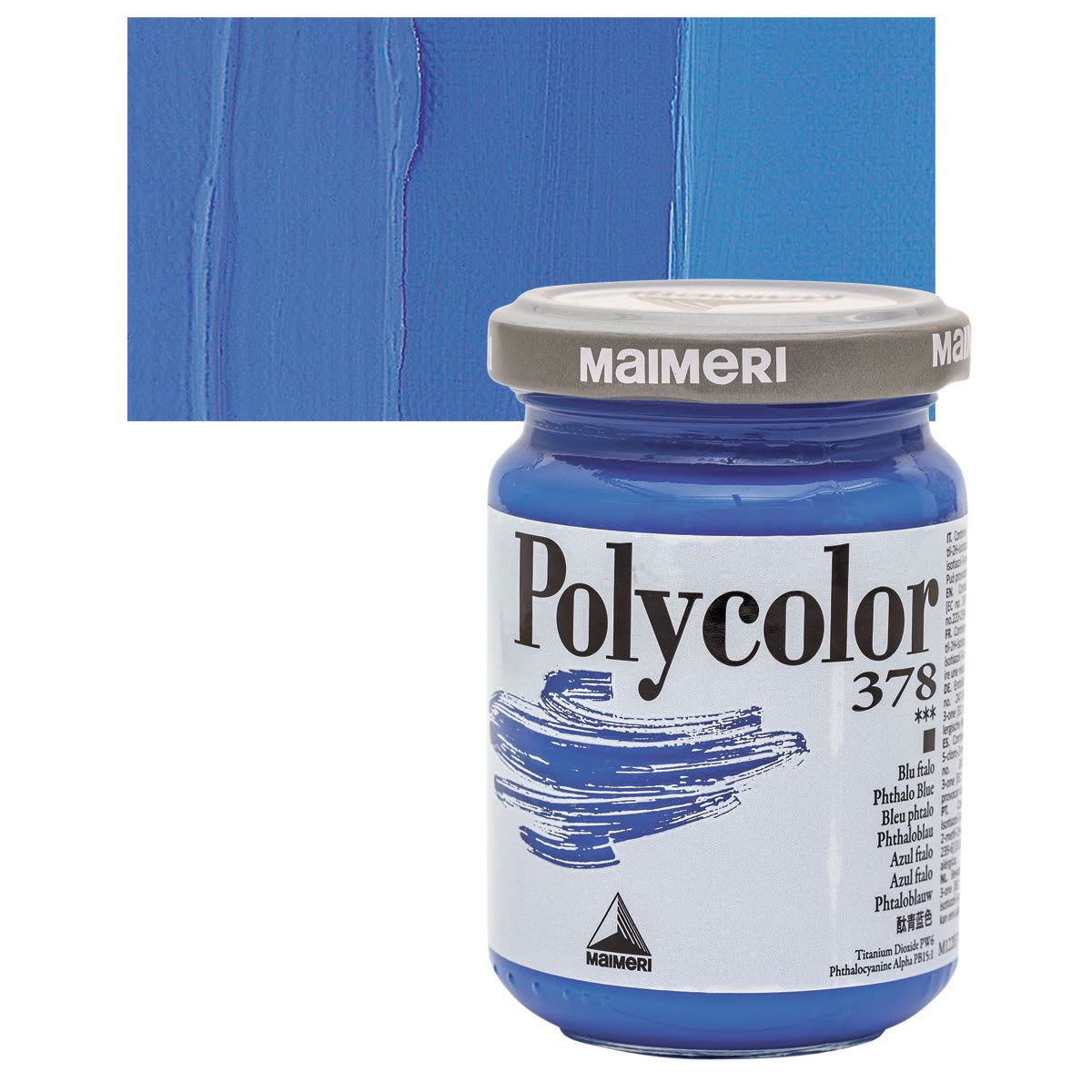 Maimeri Polycolor Vinyl Paint - Phthalo Blue, 140 ml jar and swatch