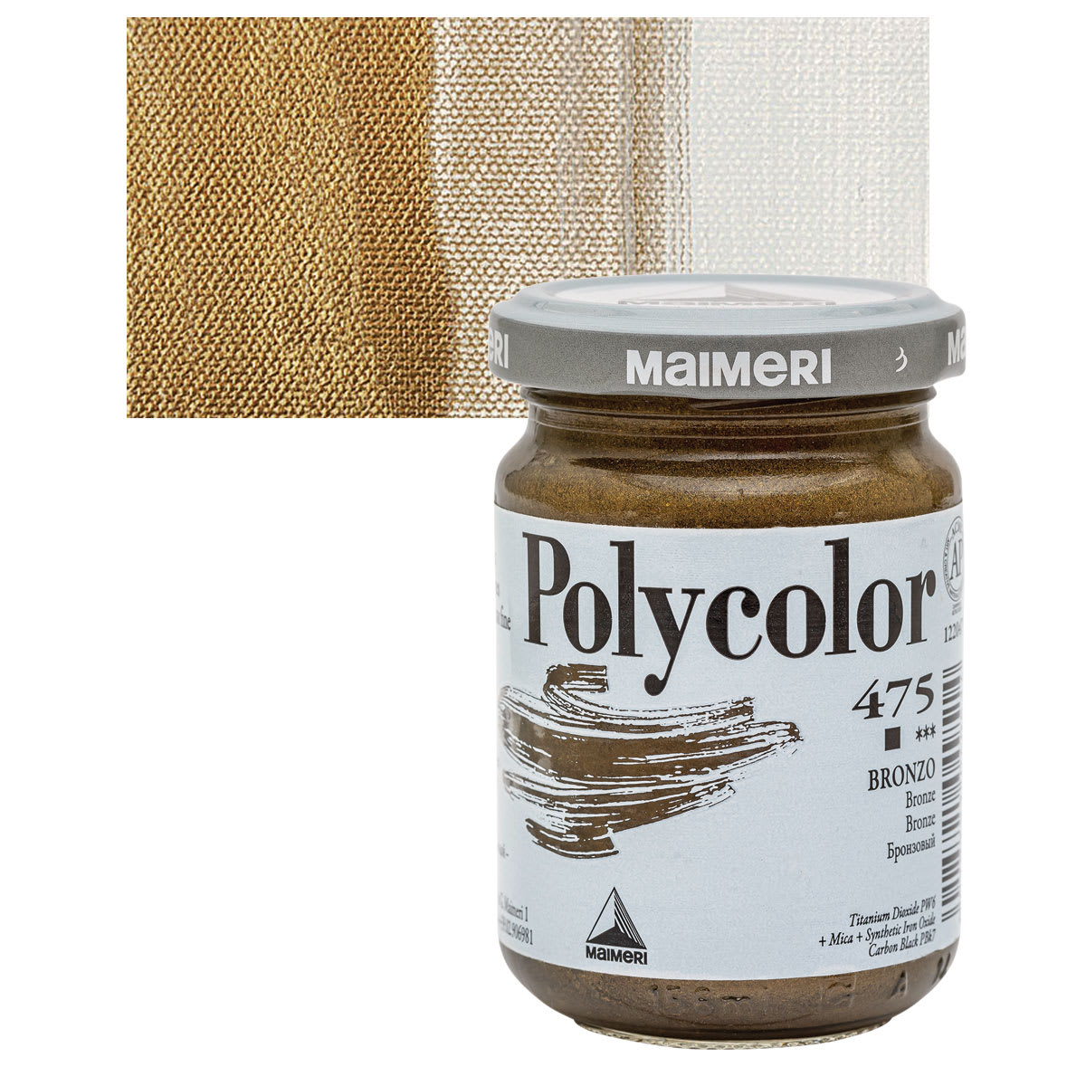 Maimeri Polycolor Vinyl Paint - Bronze, 140 ml jar and swatch