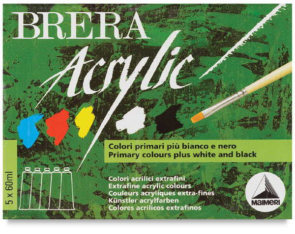 Maimeri Brera Artist Acrylics - Primary Colors, Set of 5, 2 oz tubes (Front of packaging)