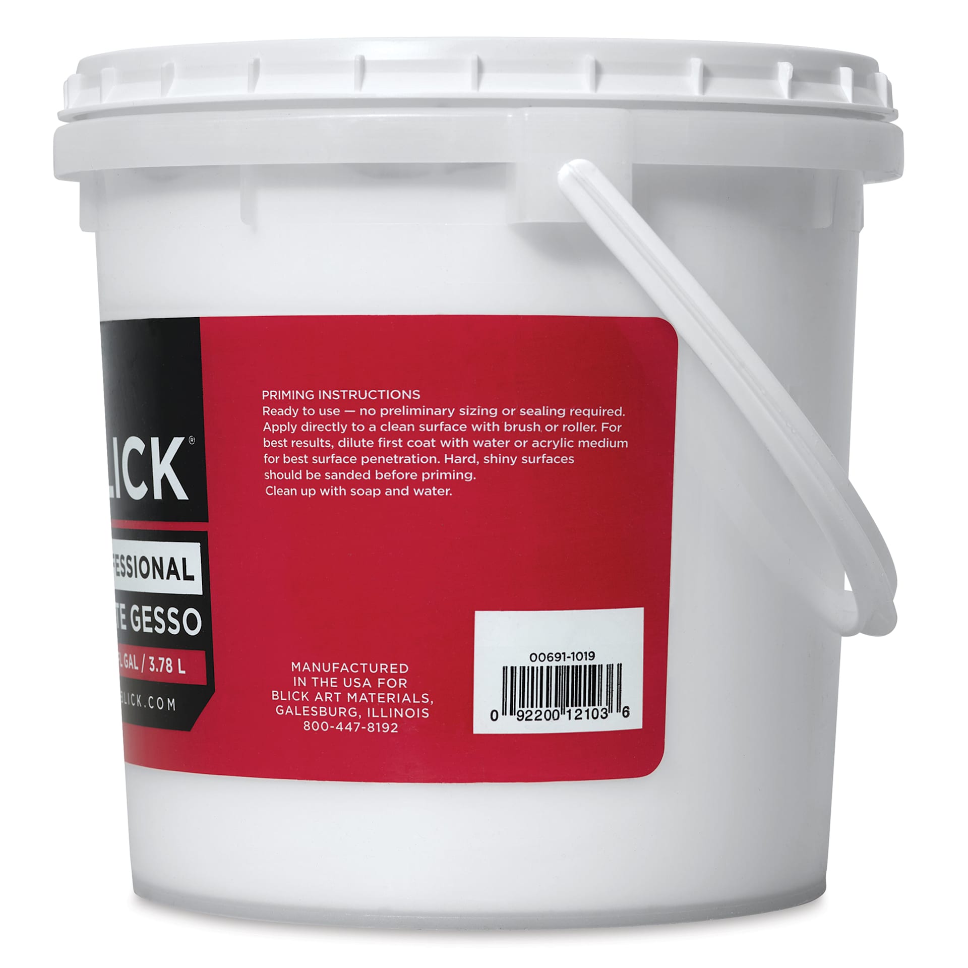 Blick Artists Acrylic Gesso - Professional White, Gallon tub, side view instructions Blick Artists Acrylic Gesso - Professional White, Gallon tub, side view instructions