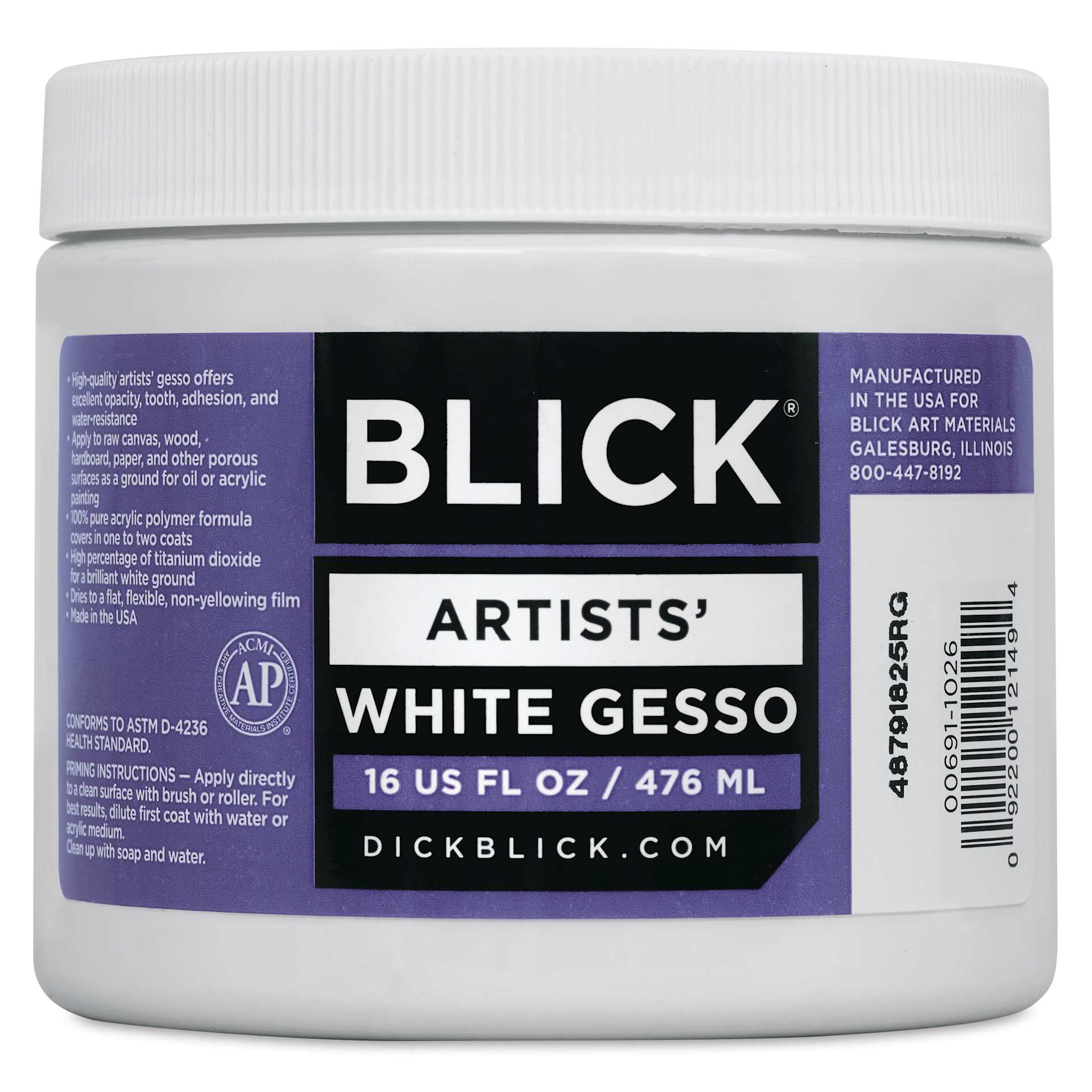 Blick Artists Acrylic Gesso - White, 16 oz jar, front label