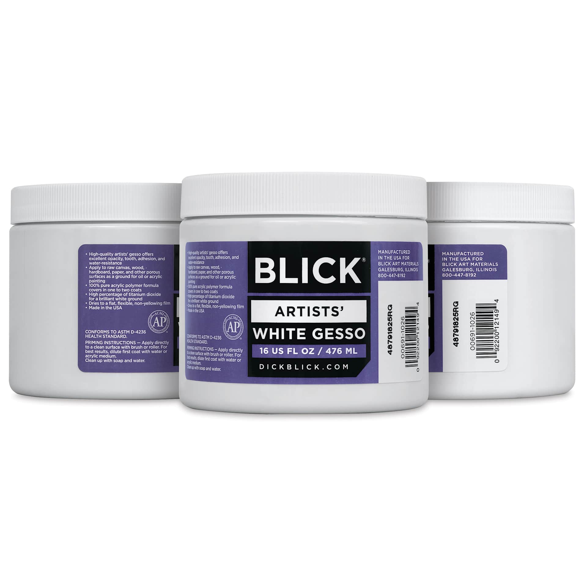 Blick Artists Acrylic Gesso - White, 16 oz jar, three views