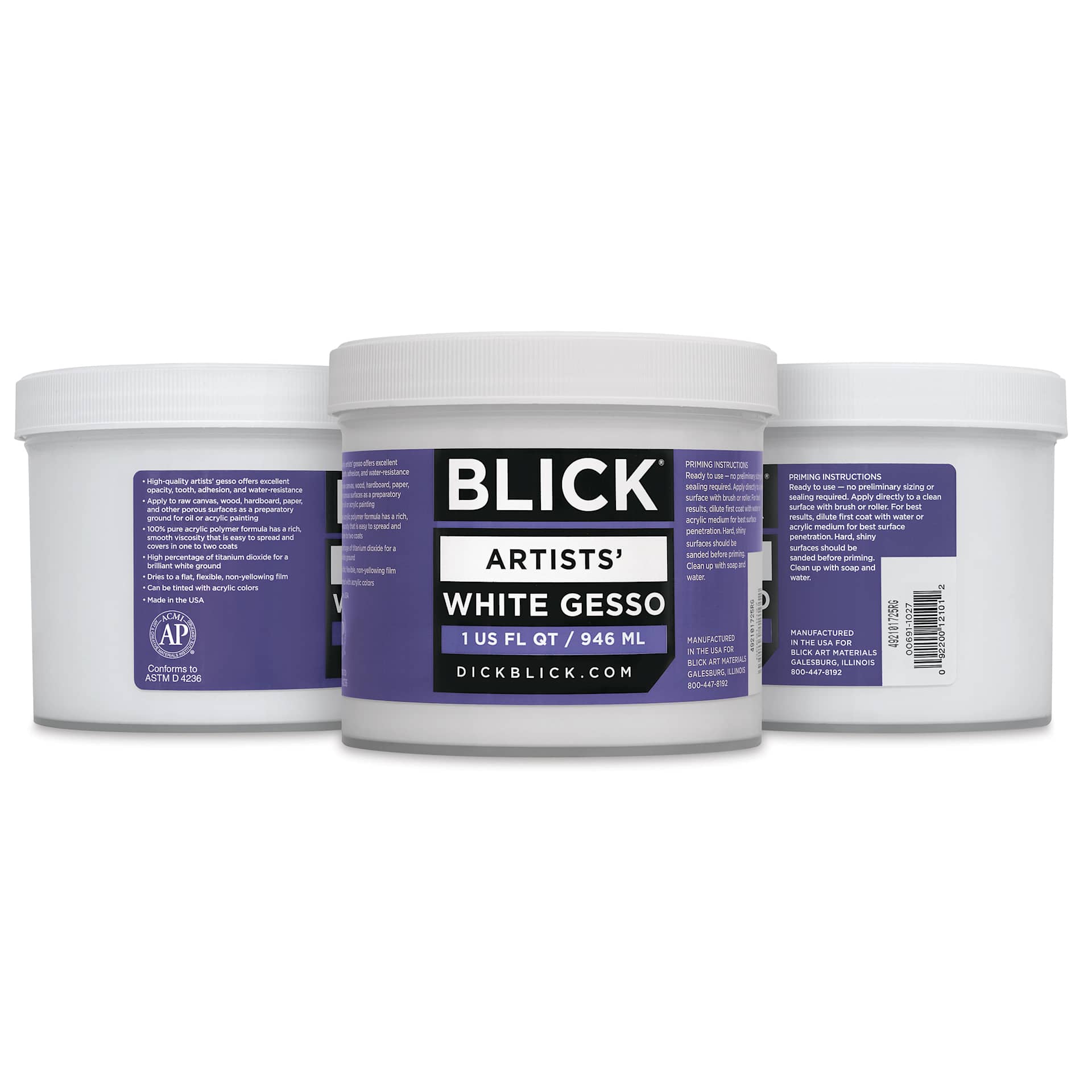 Blick Artists Acrylic Gesso - White, Quart Jar, three views